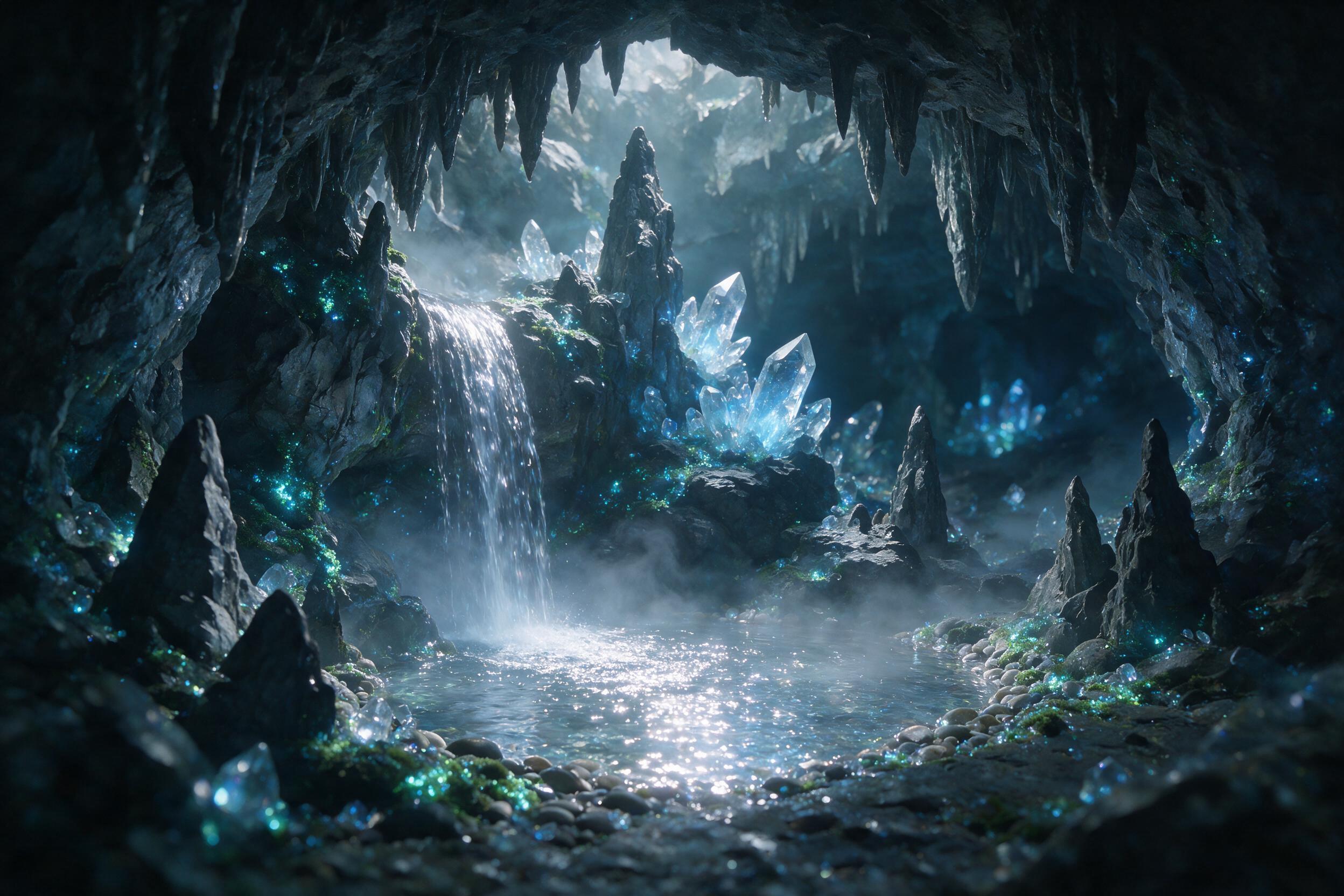 A luminous crystal cave, bioluminescent moss covering walls, gentle waterfall cascading into a pool of liquid silver, soft blue light emanating from glowing crystals, misty atmosphere, intricate rock formations, subtle camera blur, natural lighting from above