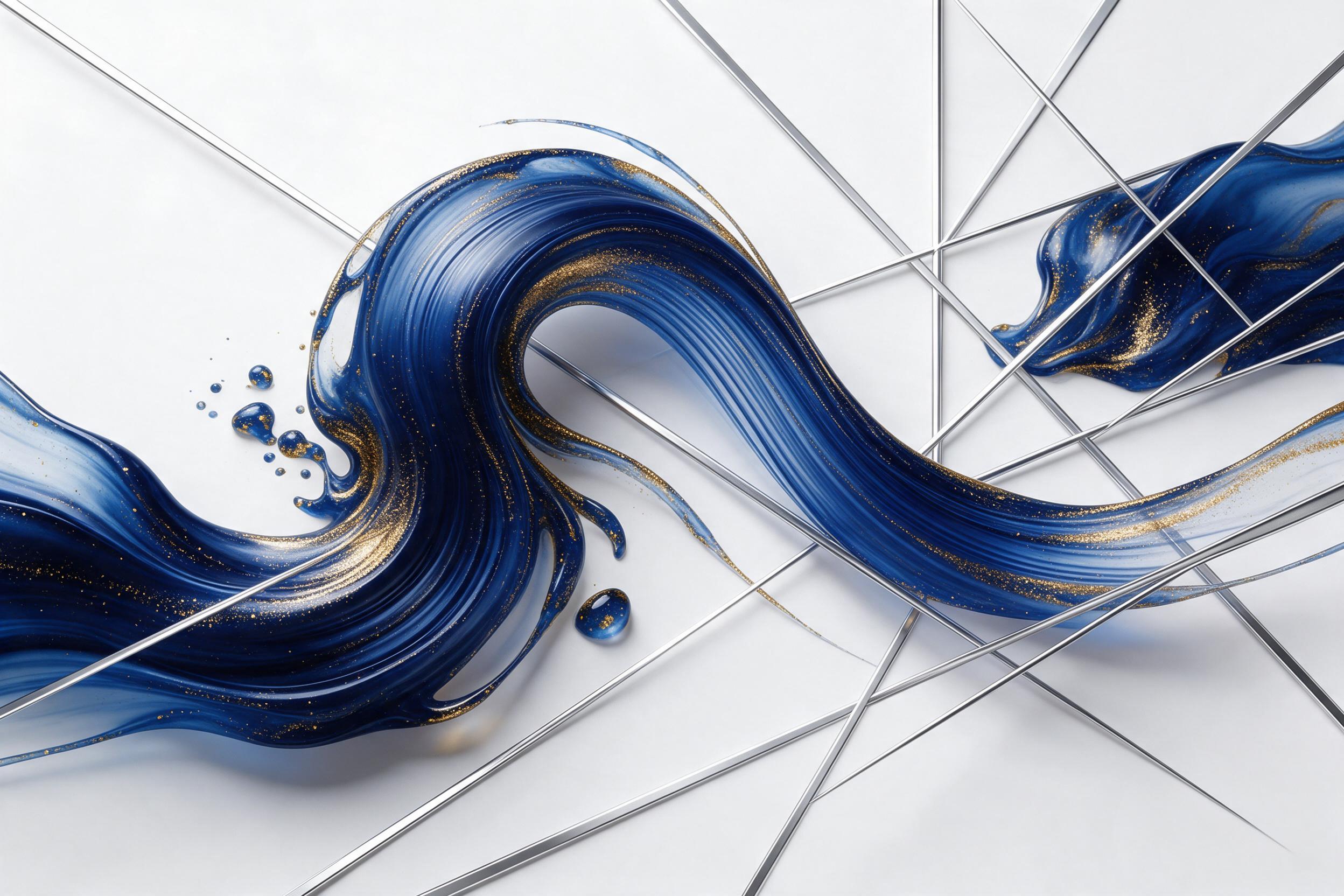 Fluid art composition, swirling ultramarine and gold, silk-like metallic waves frozen mid-motion, sharp geometric silver lines intersecting, soft studio diffused light casting gentle shadows, minimalist white background, high contrast, elegant calm atmosphere.