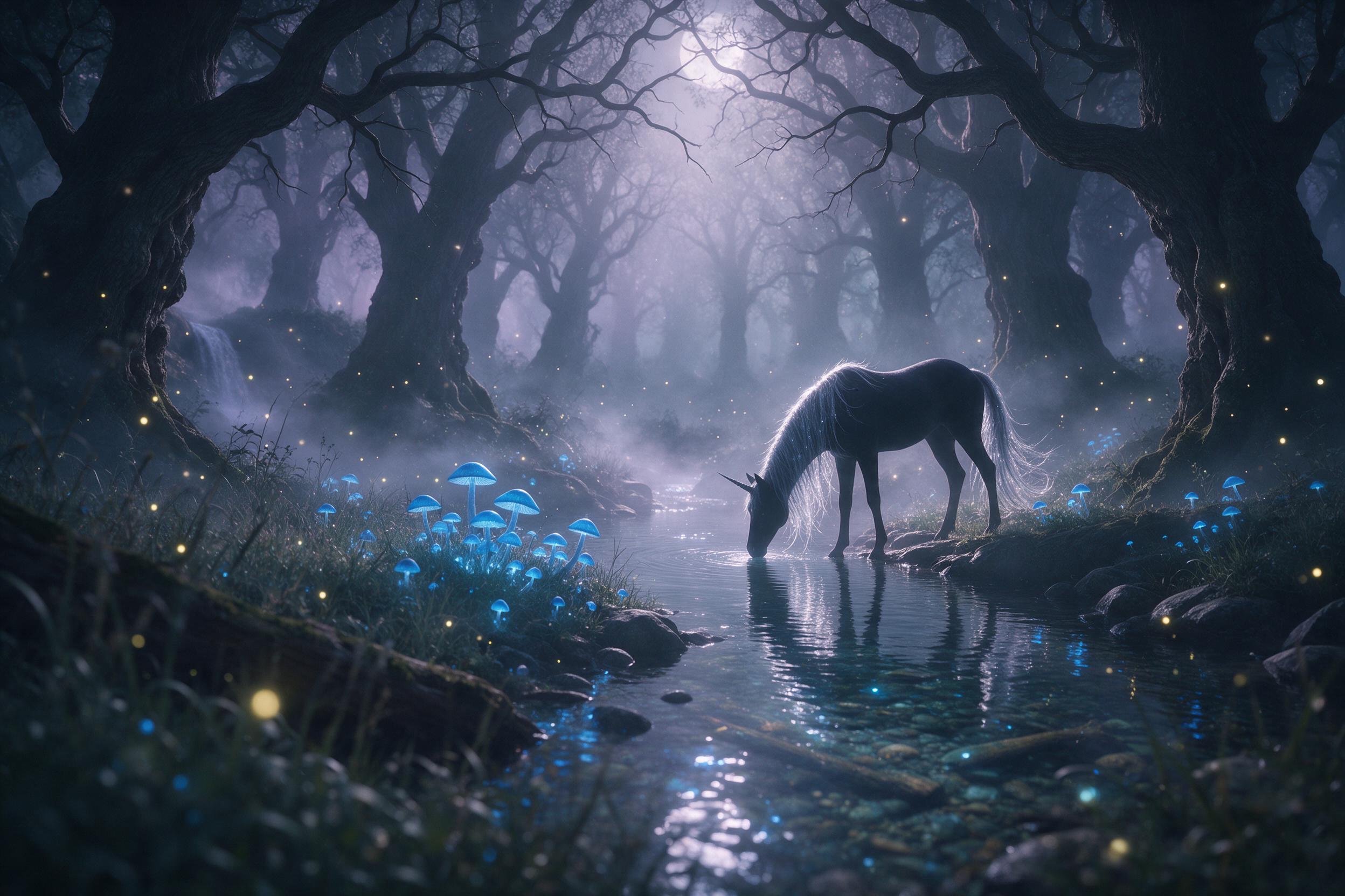 A misty moonlit forest with glowing blue mushrooms and fireflies, a silhouetted unicorn with a flowing silver mane drinking from a crystal-clear stream, soft volumetric light rays piercing through ancient gnarled trees, ethereal fog swirling low, subtle teal and lavender color palette, shallow depth