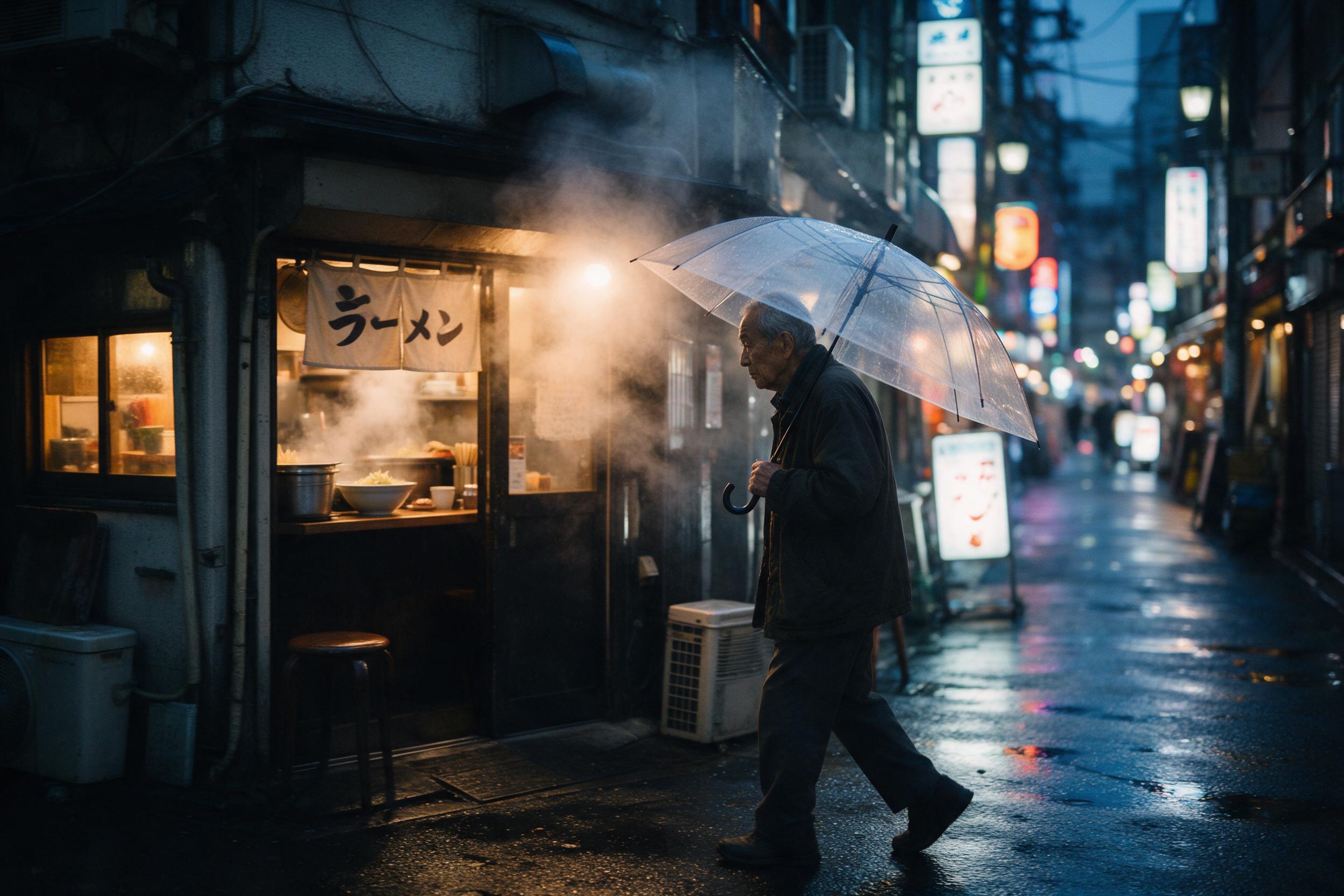 A rainy evening on a narrow Tokyo street, neon signs reflecting on wet asphalt, an old man with a transparent umbrella walking past a tiny ramen shop, steam rising from the entrance, warm yellow glow from windows contrasting with cool blue dusk, shallow depth of field, slight camera shake