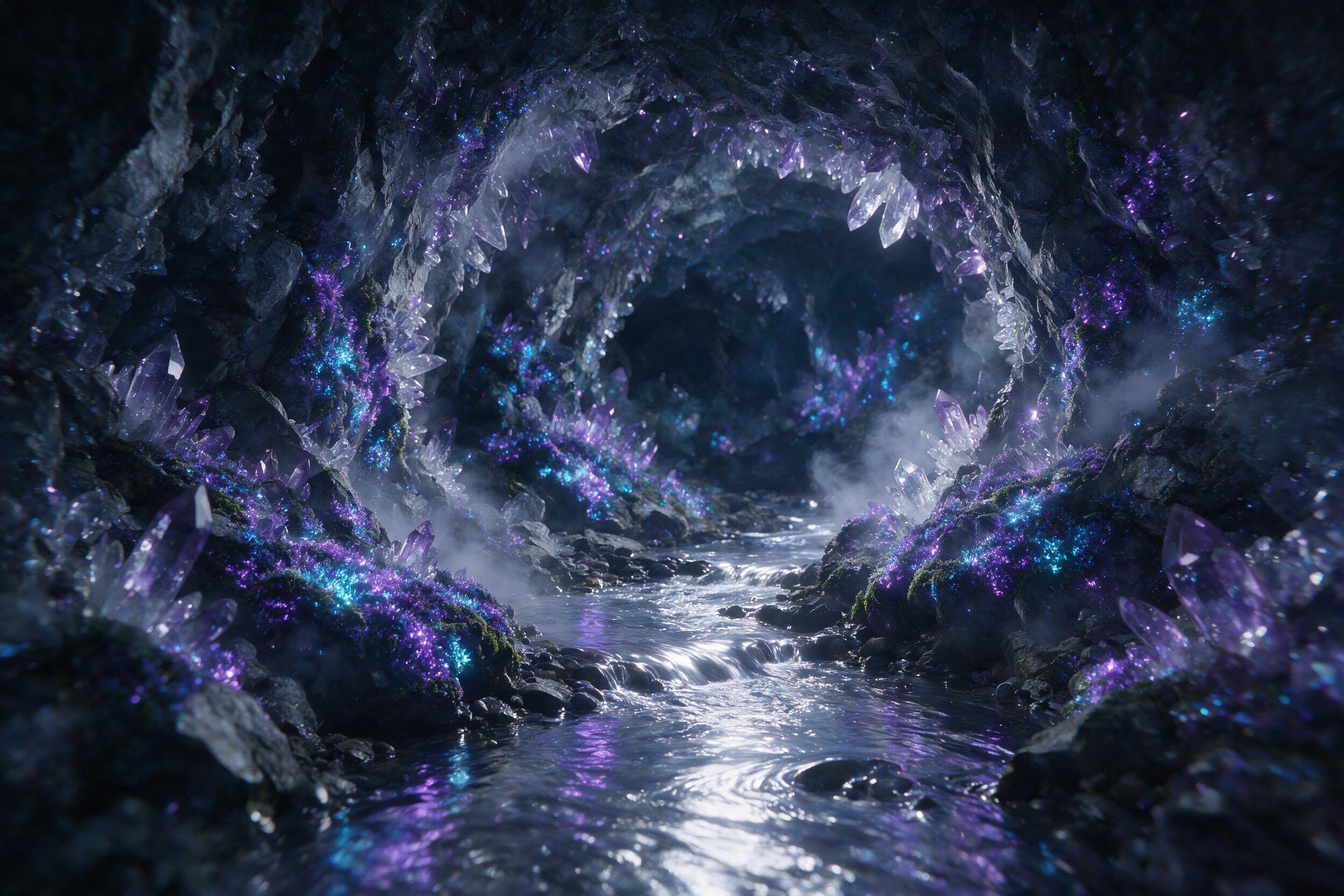 A luminous crystal cave deep underground, glowing purple and blue bioluminescent moss clinging to jagged rock walls, a small stream of liquid silver flowing through the center, soft ambient light casting long shadows, ethereal mist rising, slight camera shake for a dreamlike atmosphere