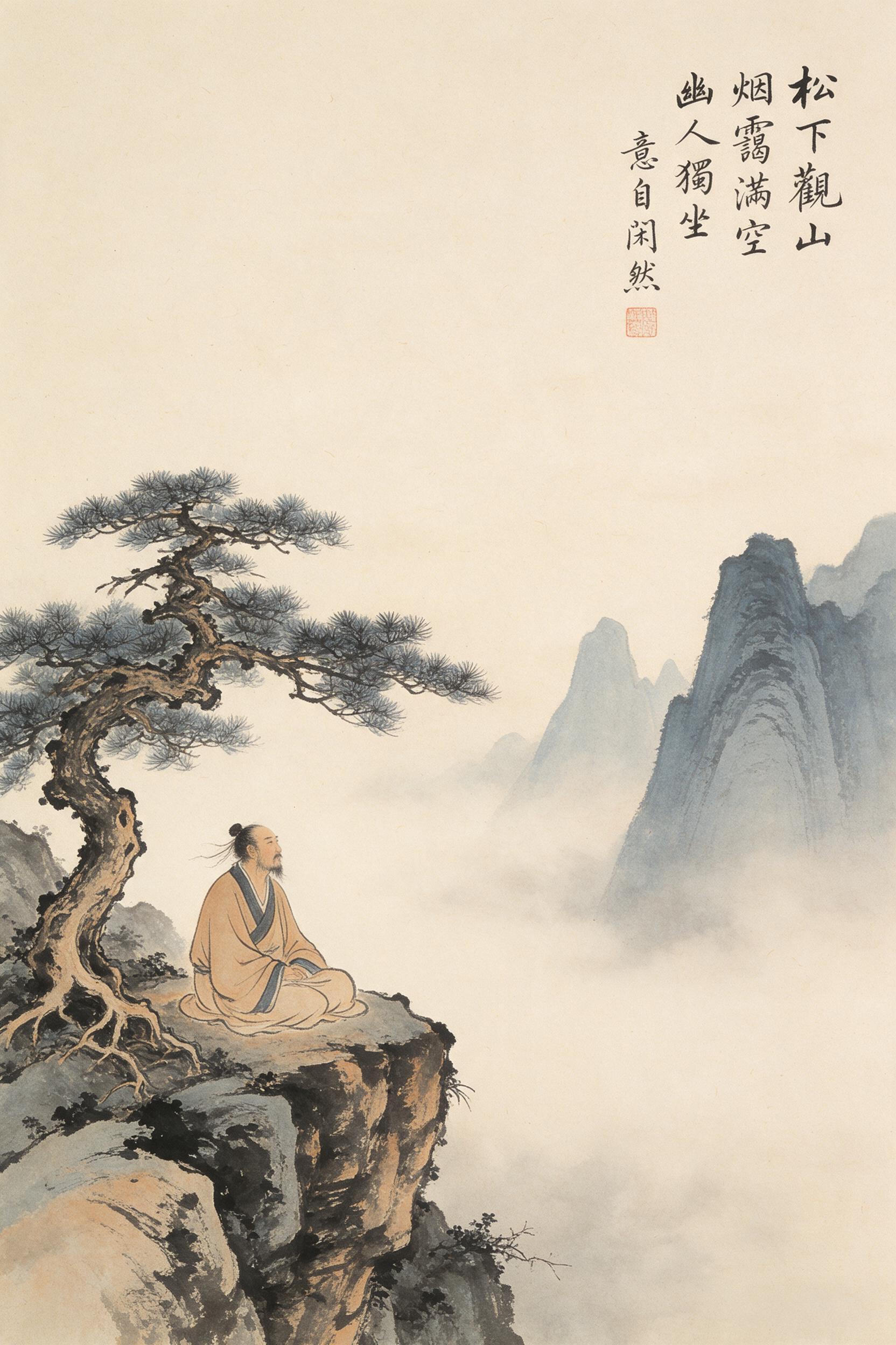 A lonely scholar sits beneath a gnarled pine on a misty cliff, ink-wash style with soft brush strokes, rice paper texture, sparse composition, muted ochre and indigo palette, empty space conveying solitude, subtle calligraphy seal in corner, early morning fog diffuses distant peaks