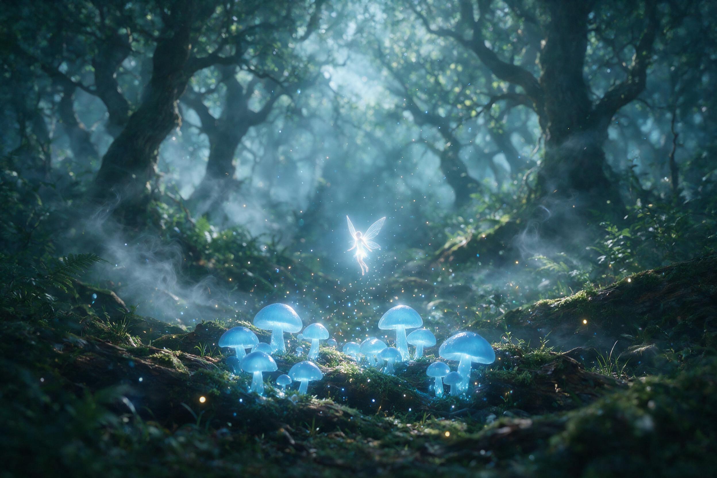 A luminous fairy with translucent wings hovers in a misty moonlit forest, glowing blue mushrooms at her feet, soft magical particles floating upward, cinematic composition with a shallow depth of field, ethereal atmosphere