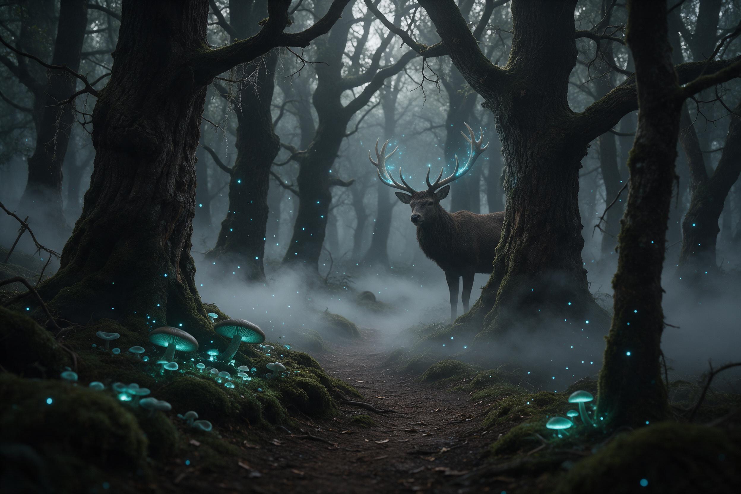 A misty ancient forest where bioluminescent mushrooms and floating blue spores cast soft teal light across a winding mossy path, a giant stag with glowing antlers stands half-hidden among gnarled oaks, silky fog rolling at ground level, ethereal atmosphere, muted earth tones with luminous accents, c