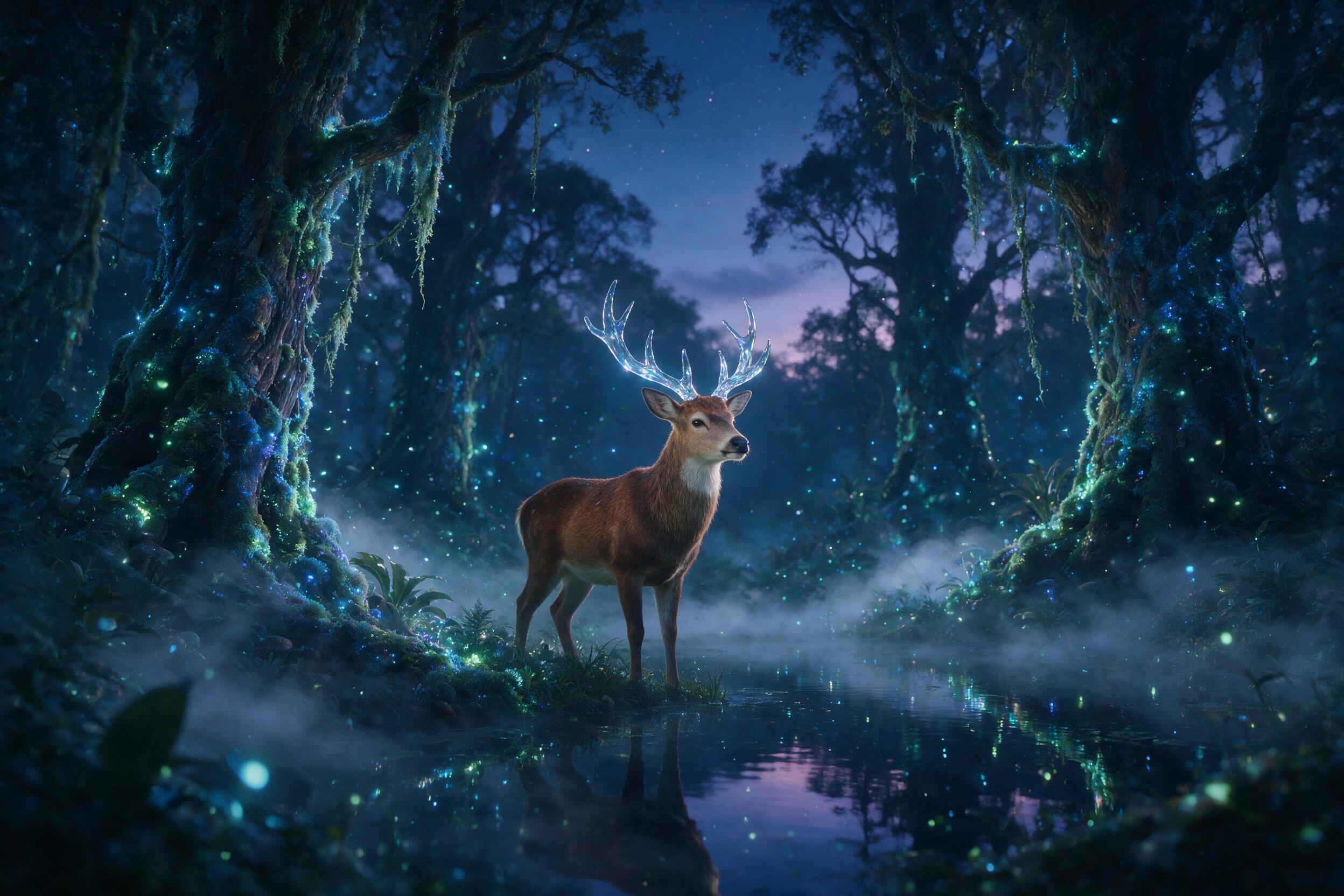 A luminous forest at twilight, with ancient trees draped in glowing moss and floating bioluminescent spores, a single deer with antlers of glass stands by a still pond, soft mist, ethereal blue and green palette, shallow depth of field, slight camera shake, moody backlighting