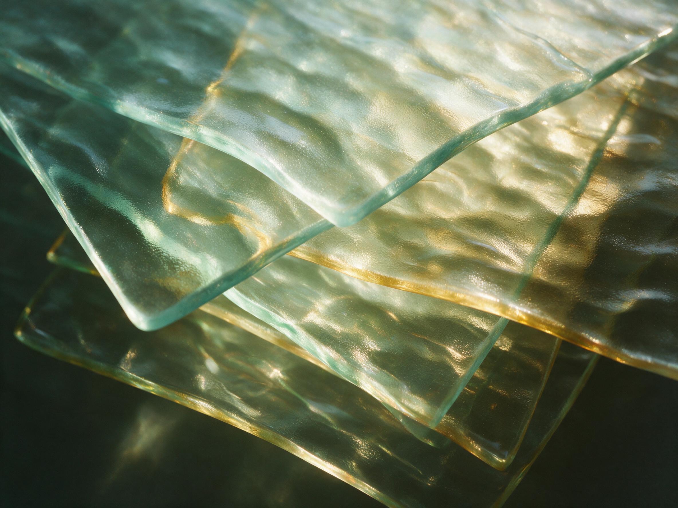 A macro shot of rippled glass panes in pale teal and amber, refracted light casting soft shadows, layered translucent textures with subtle grain, minimal composition, chiaroscuro contrast, no text, no people