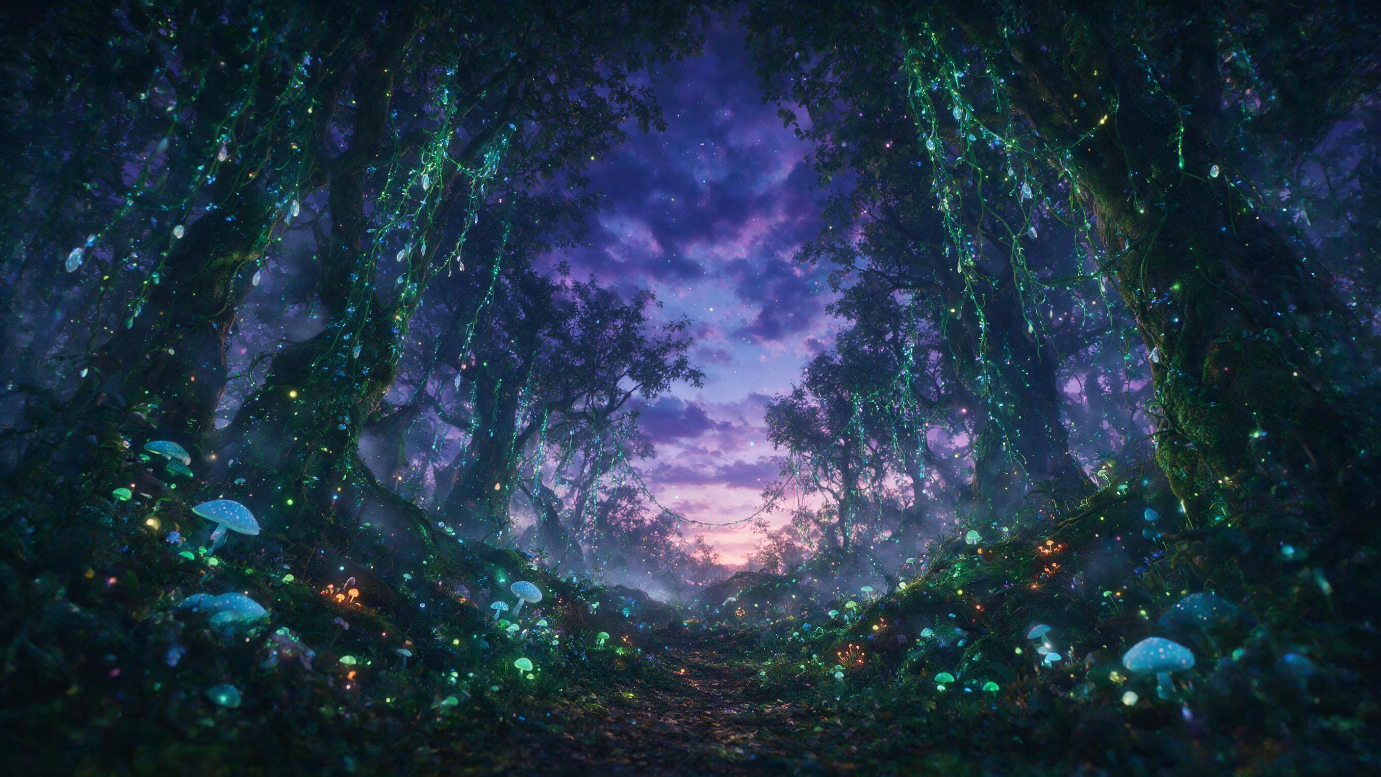 A mystical forest at twilight, glowing mushrooms illuminate the path, bioluminescent vines hang from ancient trees, soft mist drifts between trunks, scattered light particles float in the air, shot from a low angle looking up through the canopy, ethereal atmosphere with deep purples and emerald gree
