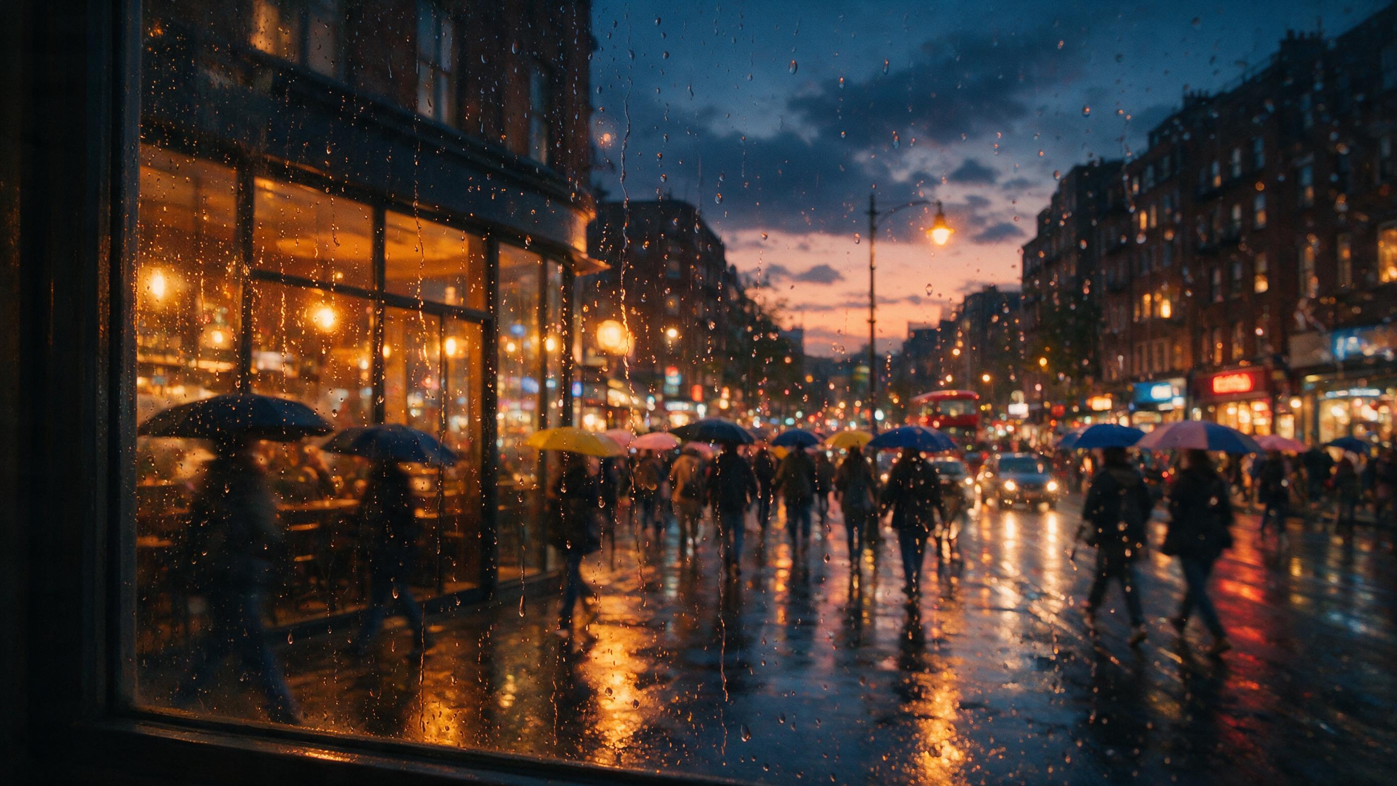 A cozy, rain-streaked window overlooking a bustling city street at dusk, with warm amber light spilling from a nearby cafe onto wet pavement, pedestrians holding umbrellas, soft focus on glass droplets, slight camera shake, natural moody lighting