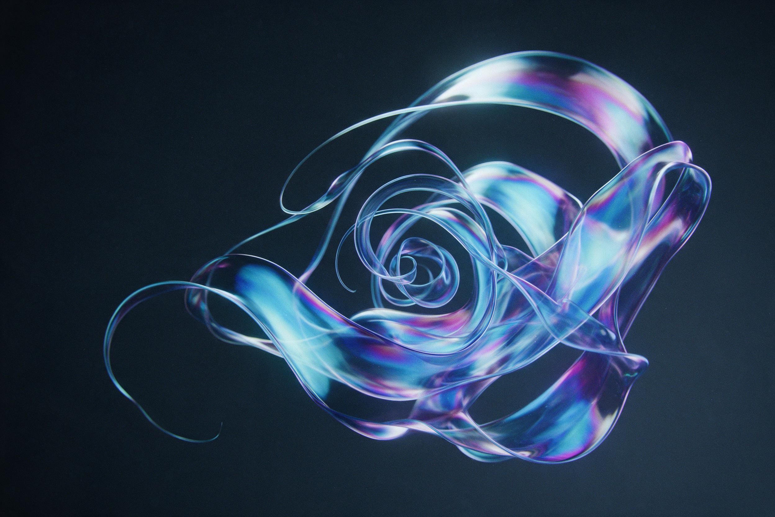 Swirling liquid glass ribbons, iridescent cyan and magenta, suspended in zero gravity, soft diffused studio lighting, subtle film grain, minimal composition with negative space, smooth flowing curves, high contrast highlights
