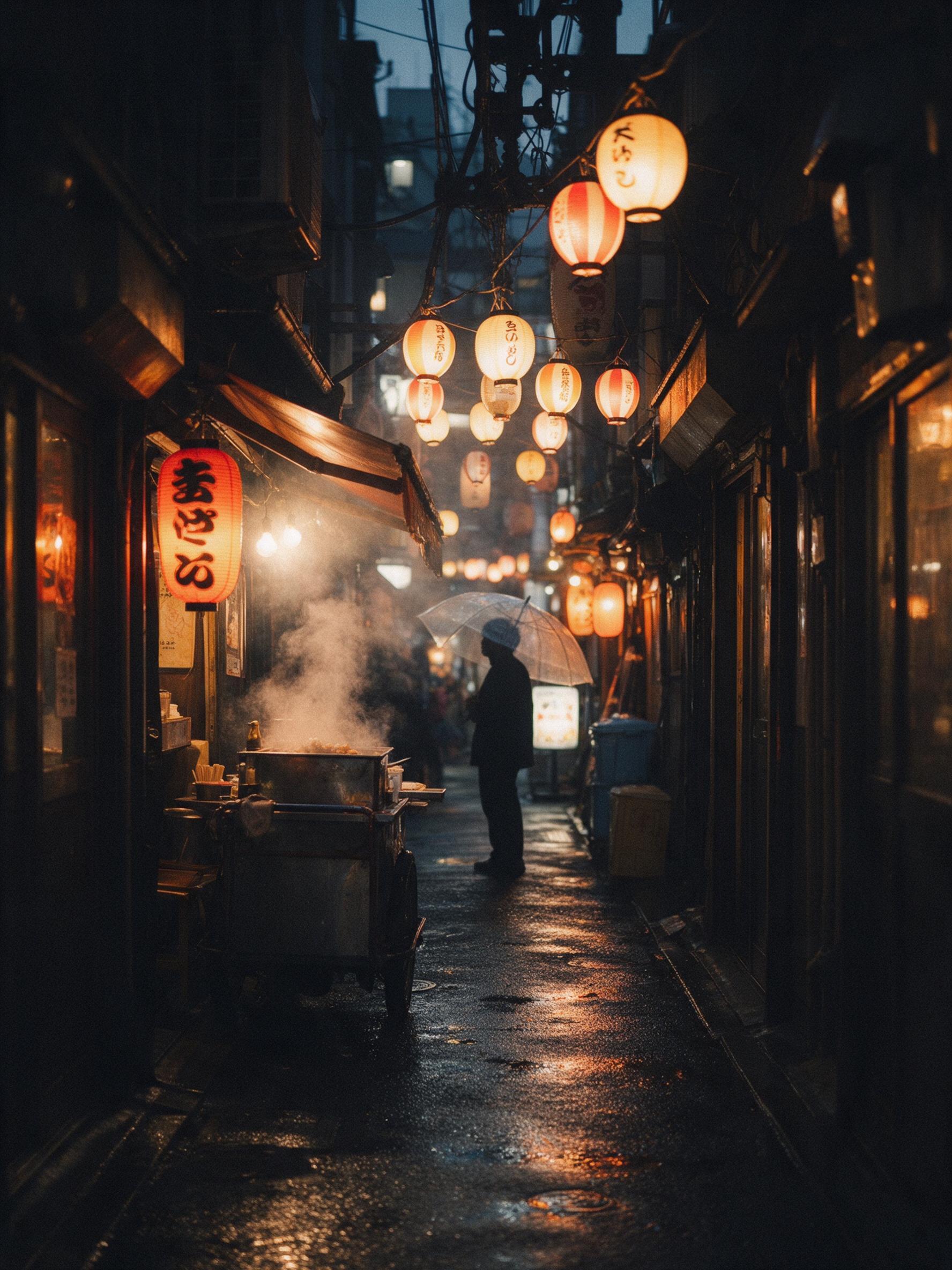 A rainy evening on a narrow Tokyo alley, glowing izakaya lanterns reflecting on wet asphalt, steam rising from a food cart, a lone silhouette with a transparent umbrella, shallow depth of field, warm tungsten light against cool blue dusk, slight grain