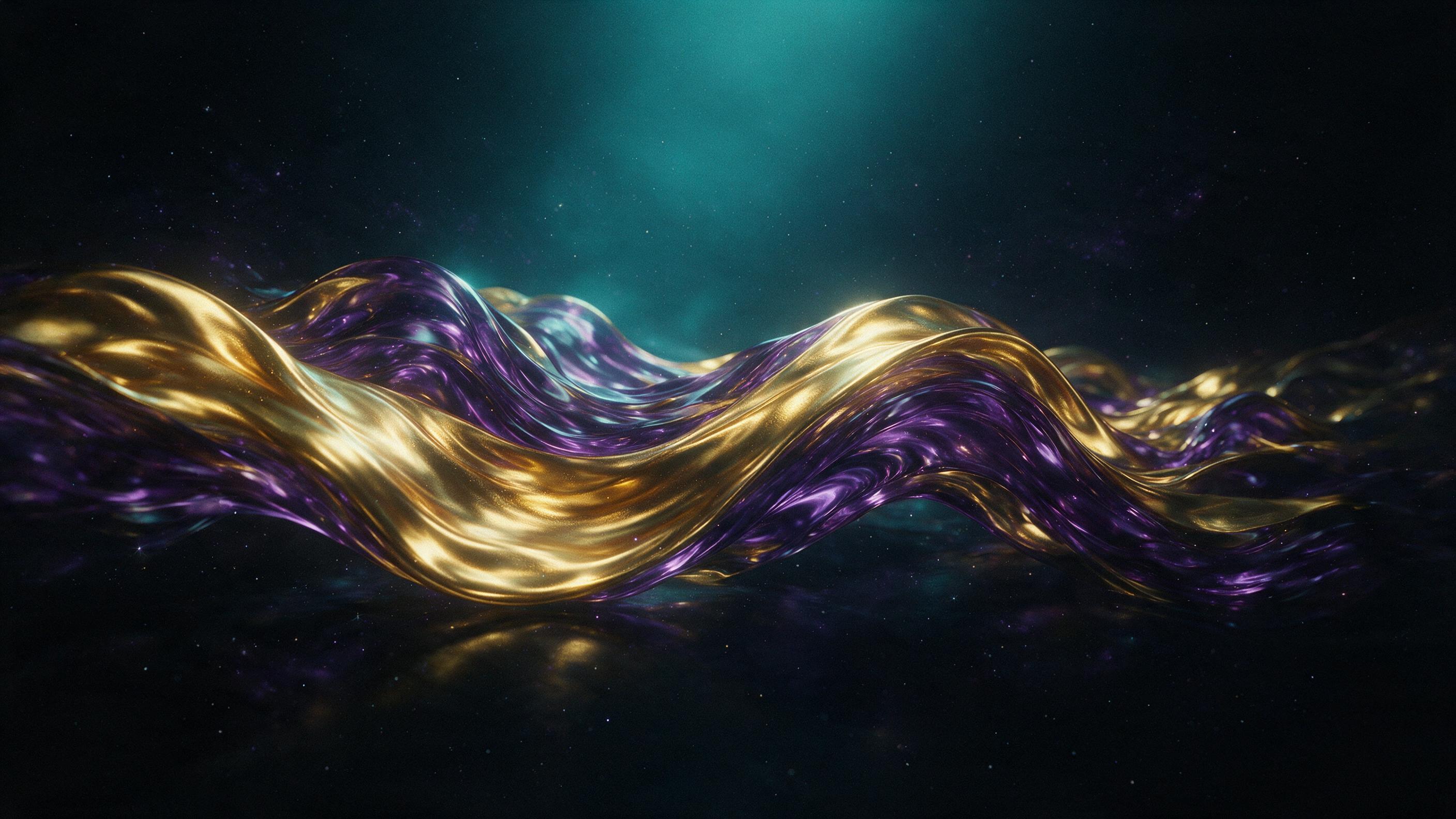 A flowing river of molten gold and deep violet liquid glass, twisting through a dark void, with soft reflections and gentle ripples catching faint cyan light from above, minimalist composition, smooth curves, subtle grain, muted tones