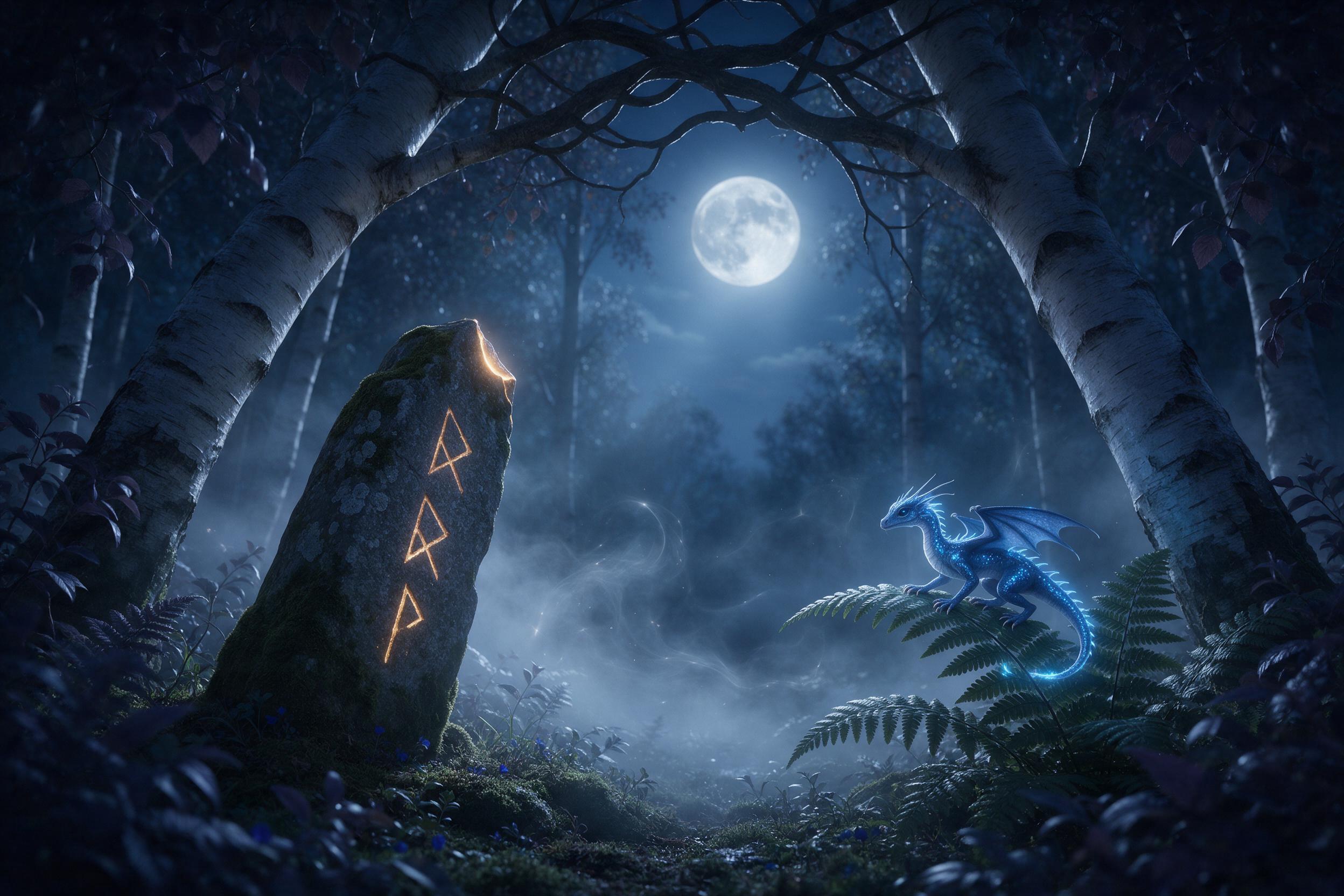 A moonlit enchanted forest clearing, ancient glowing runes on mossy stones, a silver mist curling between leaning birch trunks, a small luminescent dragon perched on a fern, its scales shimmering with soft blue light, shadowy violet-tinged foliage framing the scene, gentle dappled moonlight from abo