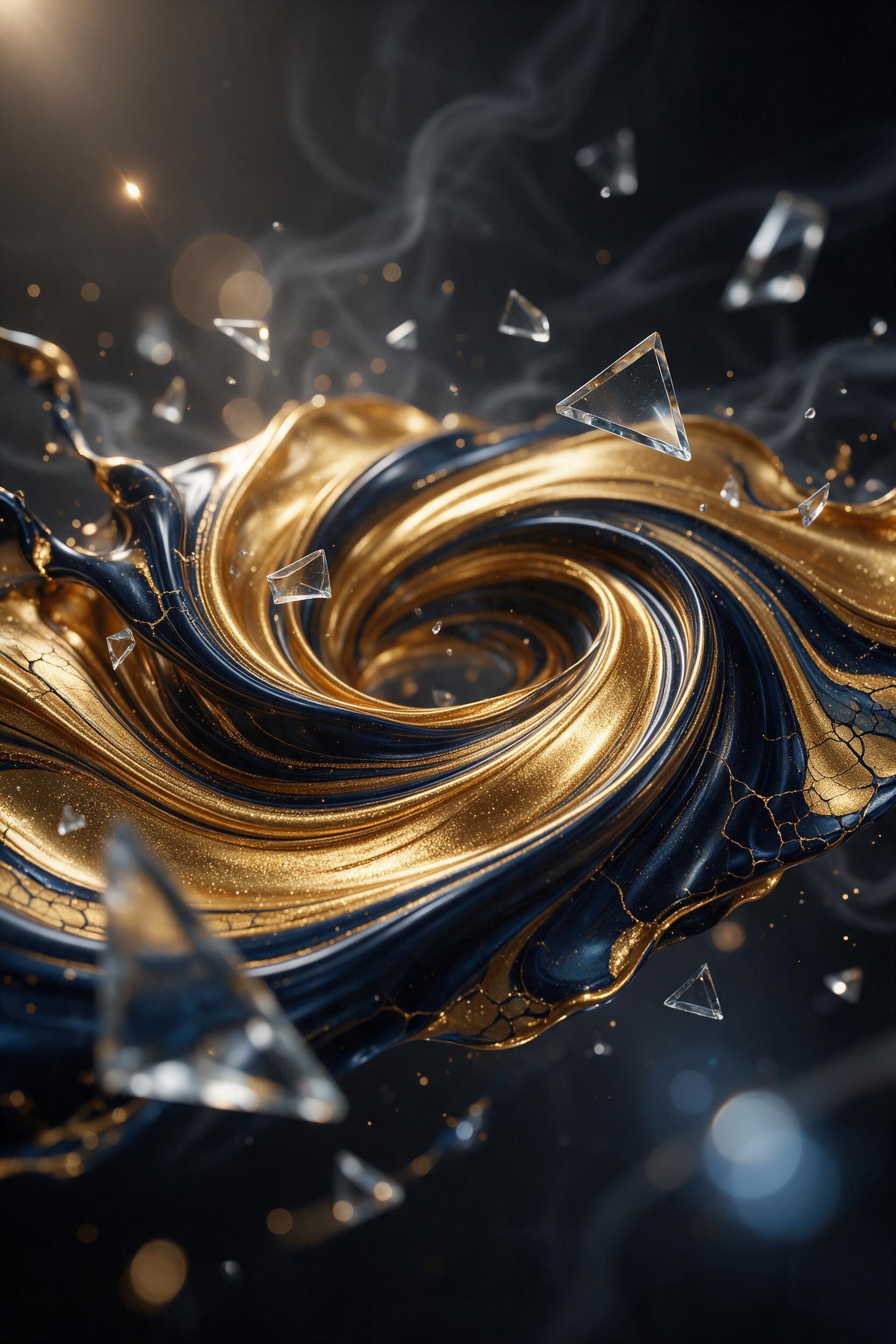 Molten gold paint swirling into midnight blue oil, sharp geometric glass shards suspended mid-air, soft studio lighting creating lens flares, minimal background with subtle smoke trails, shallow depth of field, abstract fluid art with crackled texture edges
