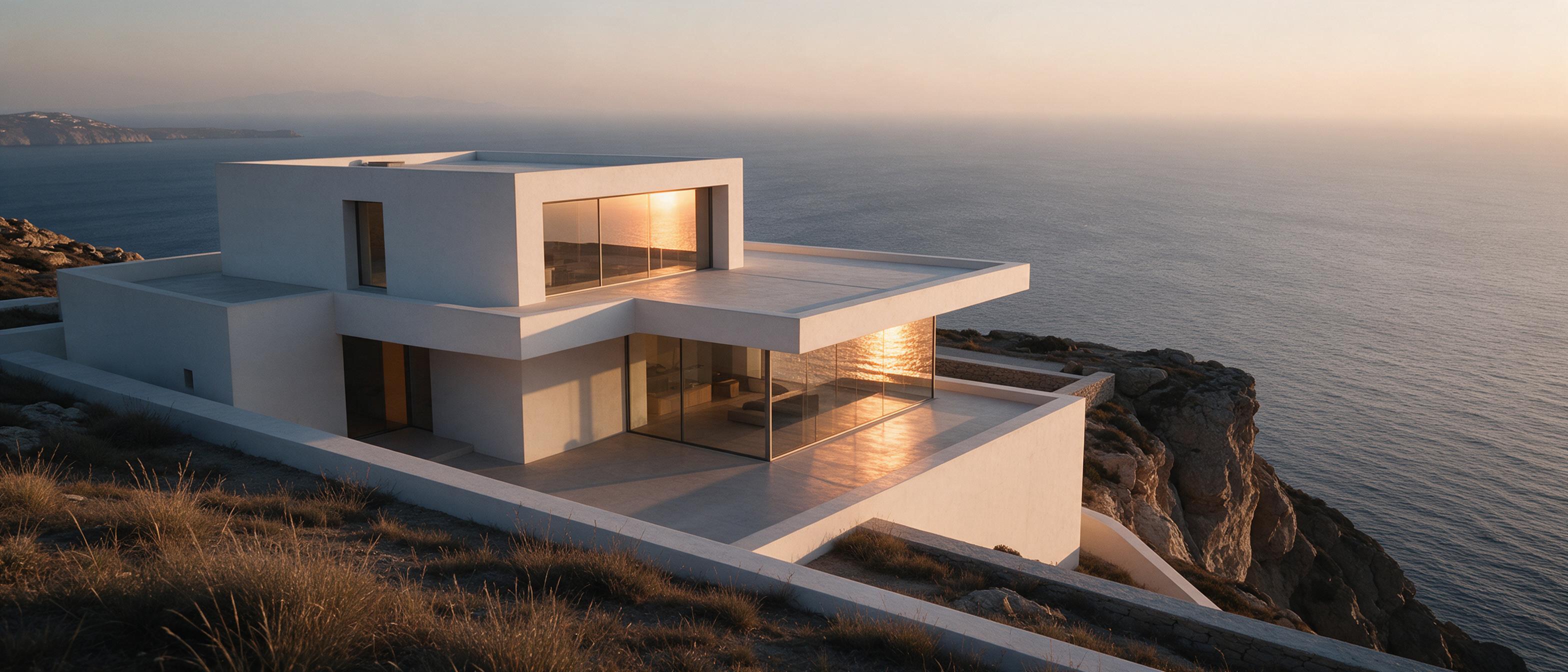 Minimalist white concrete villa nestled on a cliff overlooking the Aegean Sea, large glass walls reflecting sunset, warm dusk light with long shadows, sparse dry grass in foreground, slight haze on horizon, wide-angle composition