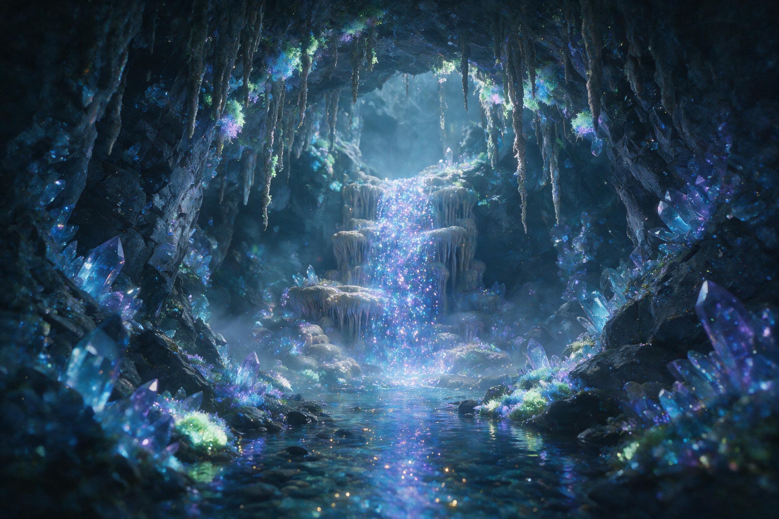 A glowing crystal cave deep underground, luminescent moss covers jagged rock formations, a small stream reflects soft blue and violet light, misty atmosphere, shallow depth of field, natural lighting from the crystals, slight grain, composition centered on a waterfall of light.