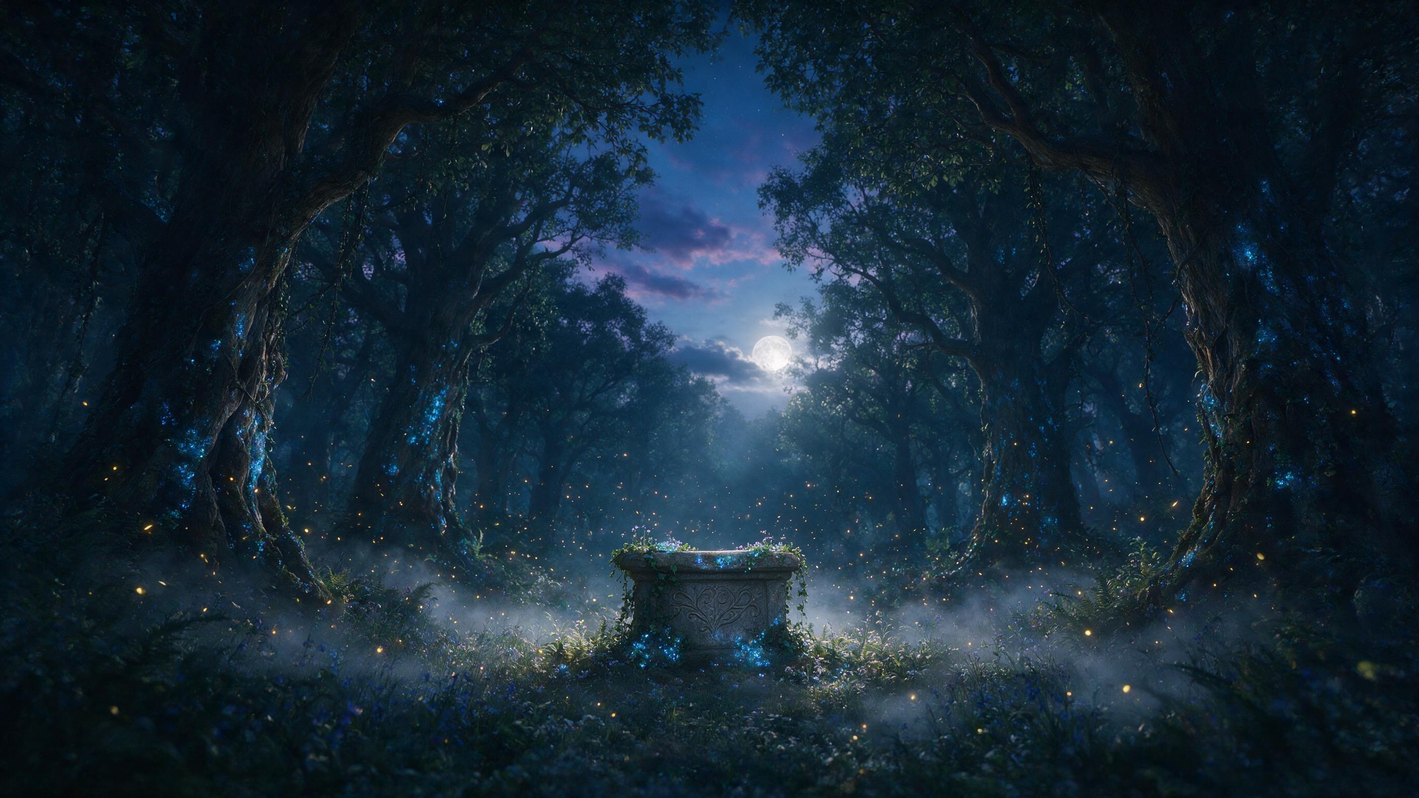 A mystical forest clearing at twilight, ancient trees with glowing blue moss, a small stone altar covered in ivy, soft mist rising from the ground, fireflies casting golden specks of light, wide-angle lens capturing the depth of the woods, atmospheric haze, natural moonlight filtering through leaves