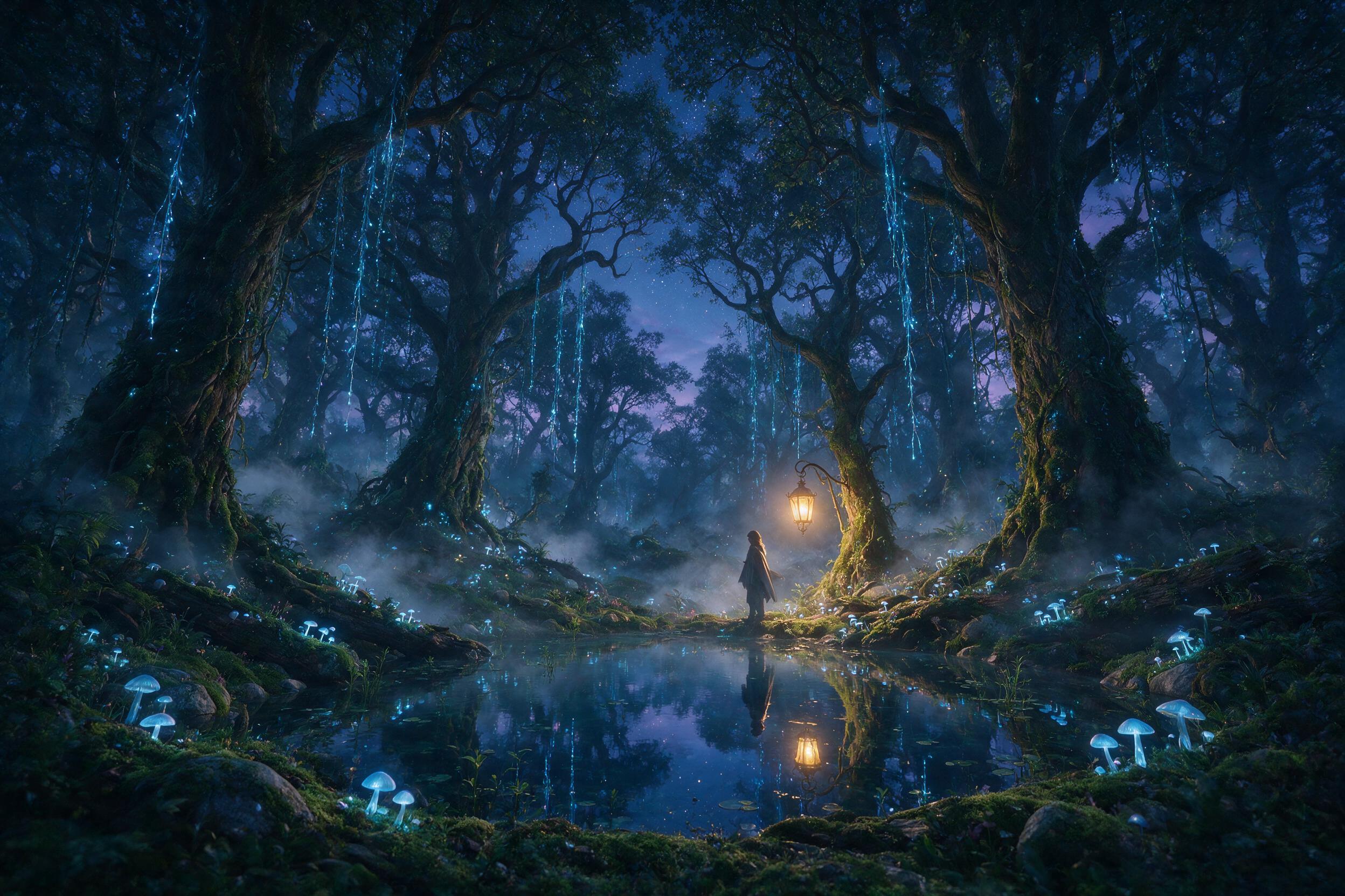 A mystical forest at twilight, bioluminescent mushrooms and glowing blue vines hanging from ancient trees, a lone figure in a flowing cloak stands by a crystal-clear pond reflecting the starlit sky, soft mist rising, warm golden lantern light piercing through, ethereal atmosphere, slight motion blur