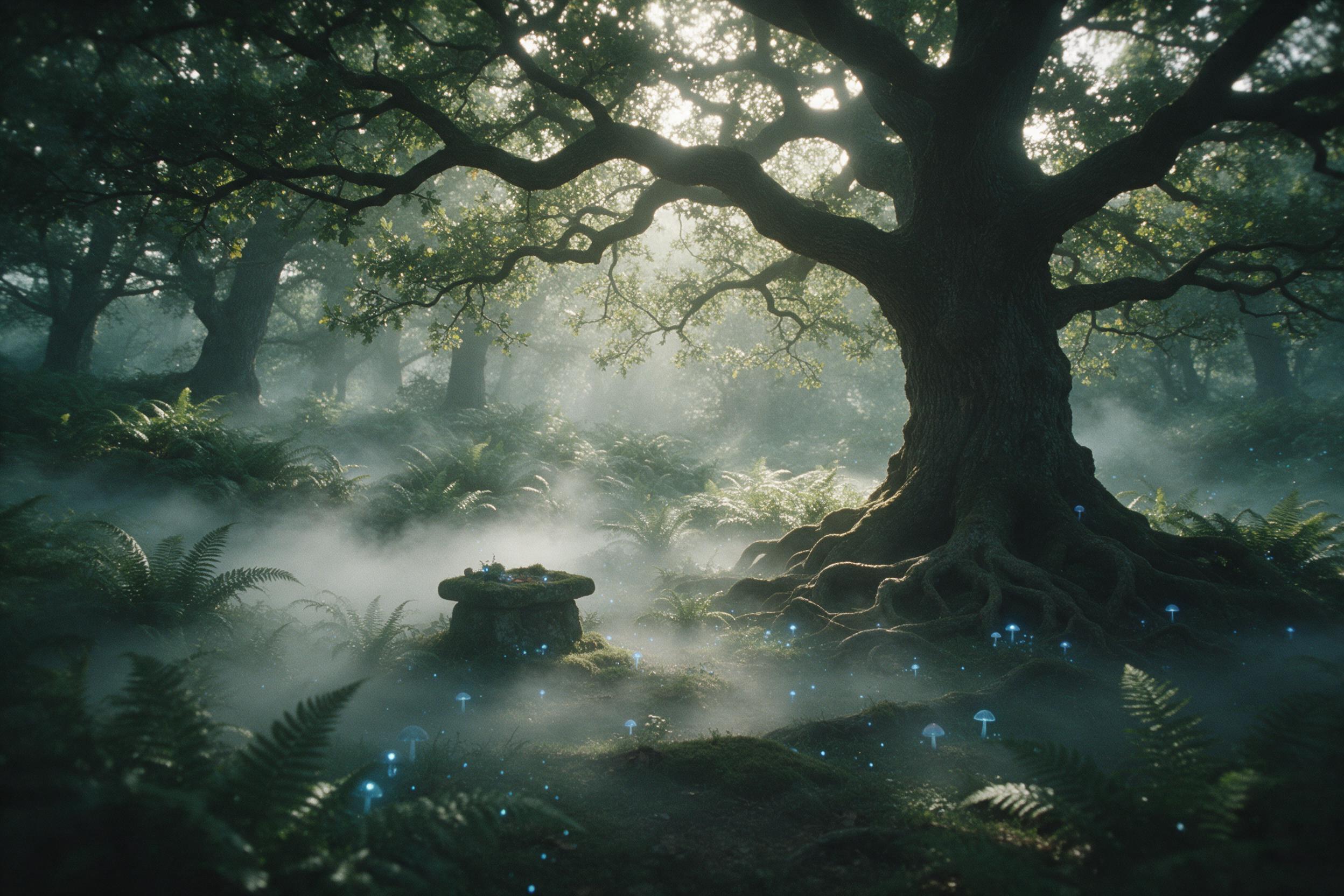 Misty glade at dawn, bioluminescent mushrooms glowing soft blue, ancient oak with gnarled roots, ethereal fog weaving through ferns, a small stone altar covered in moss, dappled light through canopy, muted greens and teals, dreamy atmosphere, slightly surreal, fine grain.