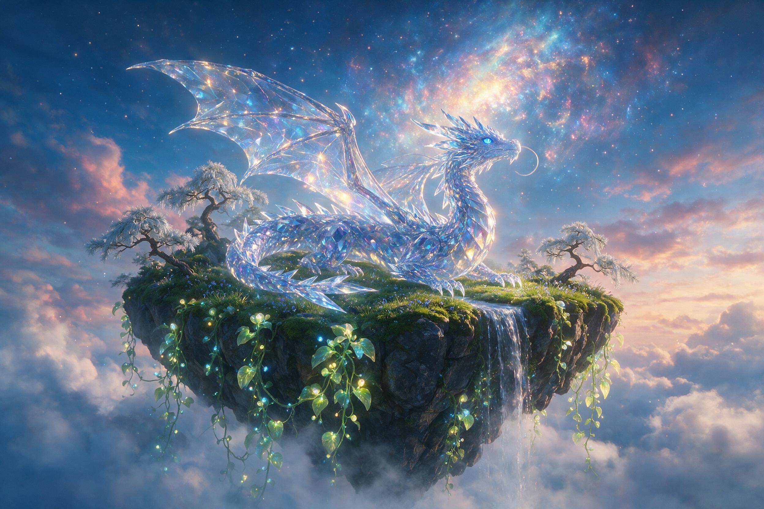 A glowing crystal dragon coiled around a floating island, bioluminescent vines hanging from rocky cliffs, distant nebula in a twilight sky, soft ethereal light from the crystals, misty atmosphere, shallow depth of field.