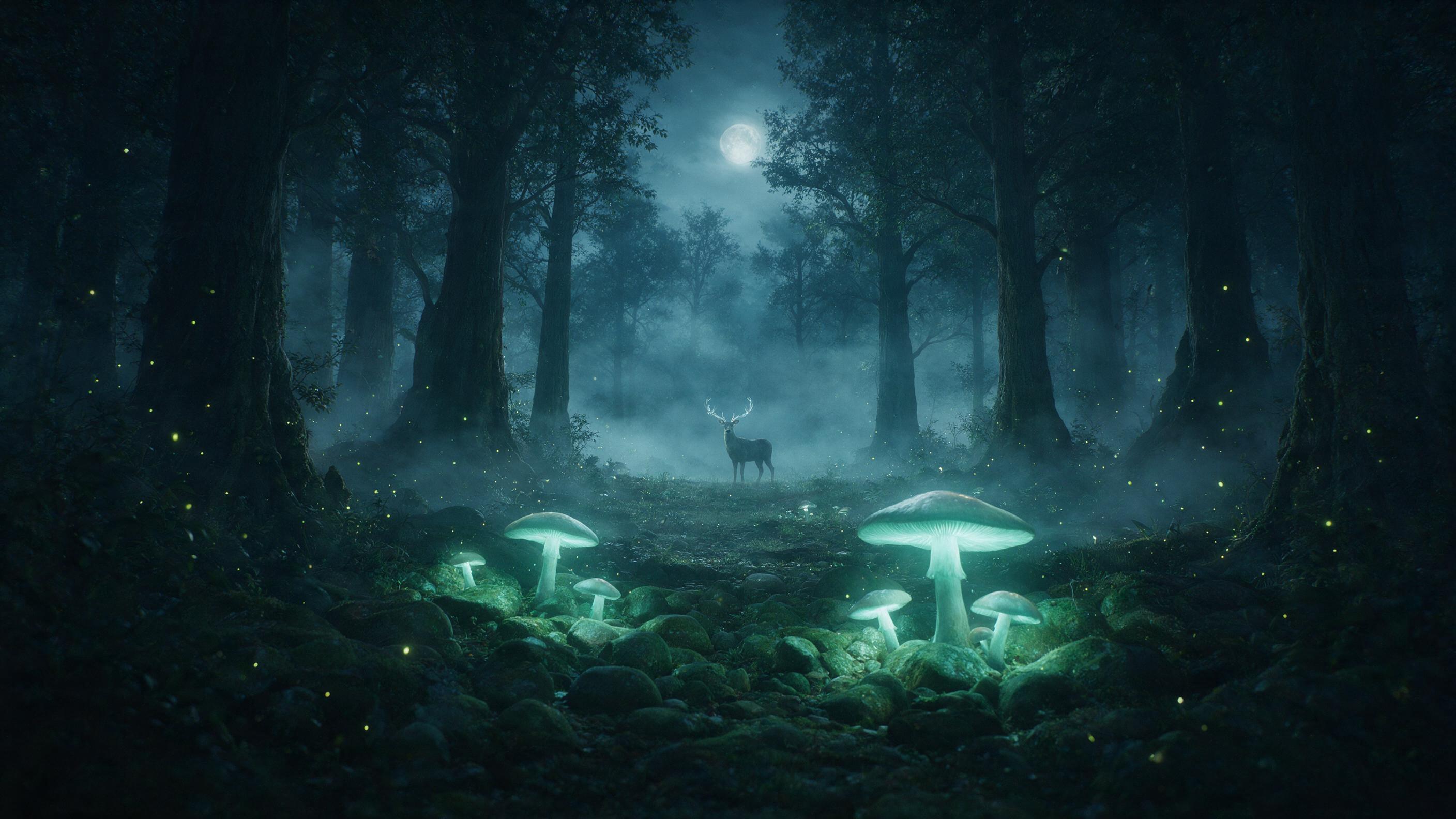A moonlit forest clearing with giant glowing mushrooms casting soft teal light on mossy stones, a lone deer with faint silver antlers standing still, mist curling between ancient tall trees, scattered fireflies, ethereal atmosphere, muted blue-green palette, cinematic wide shot