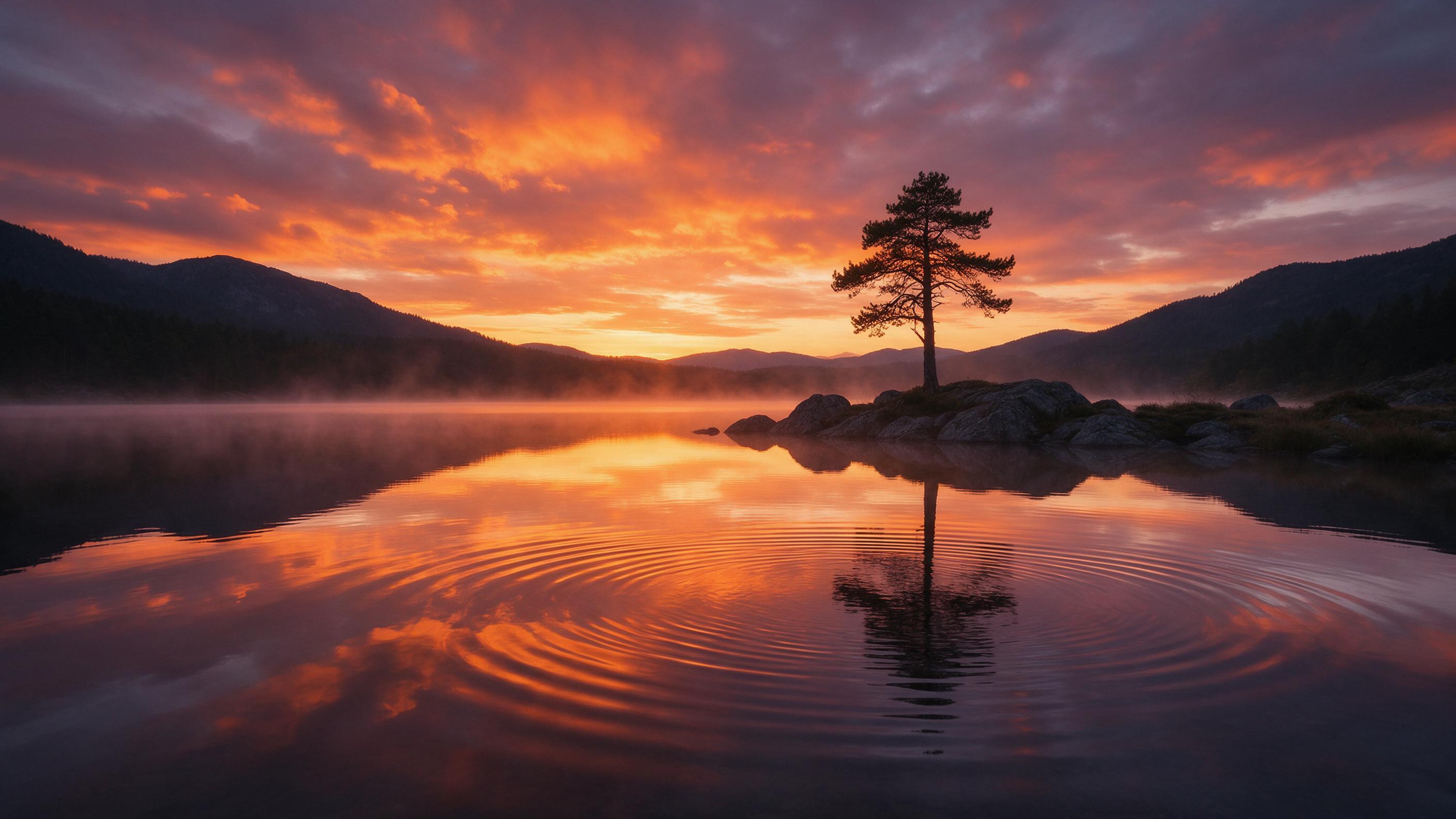 A serene mountain lake at dusk, its surface a perfect mirror reflecting a fiery orange and violet sky. A lone pine tree stands on a rocky outcrop, its silhouette sharp against the glowing horizon. Gentle ripples catch the last light, and a light mist drifts across the water. Composition uses a wide 