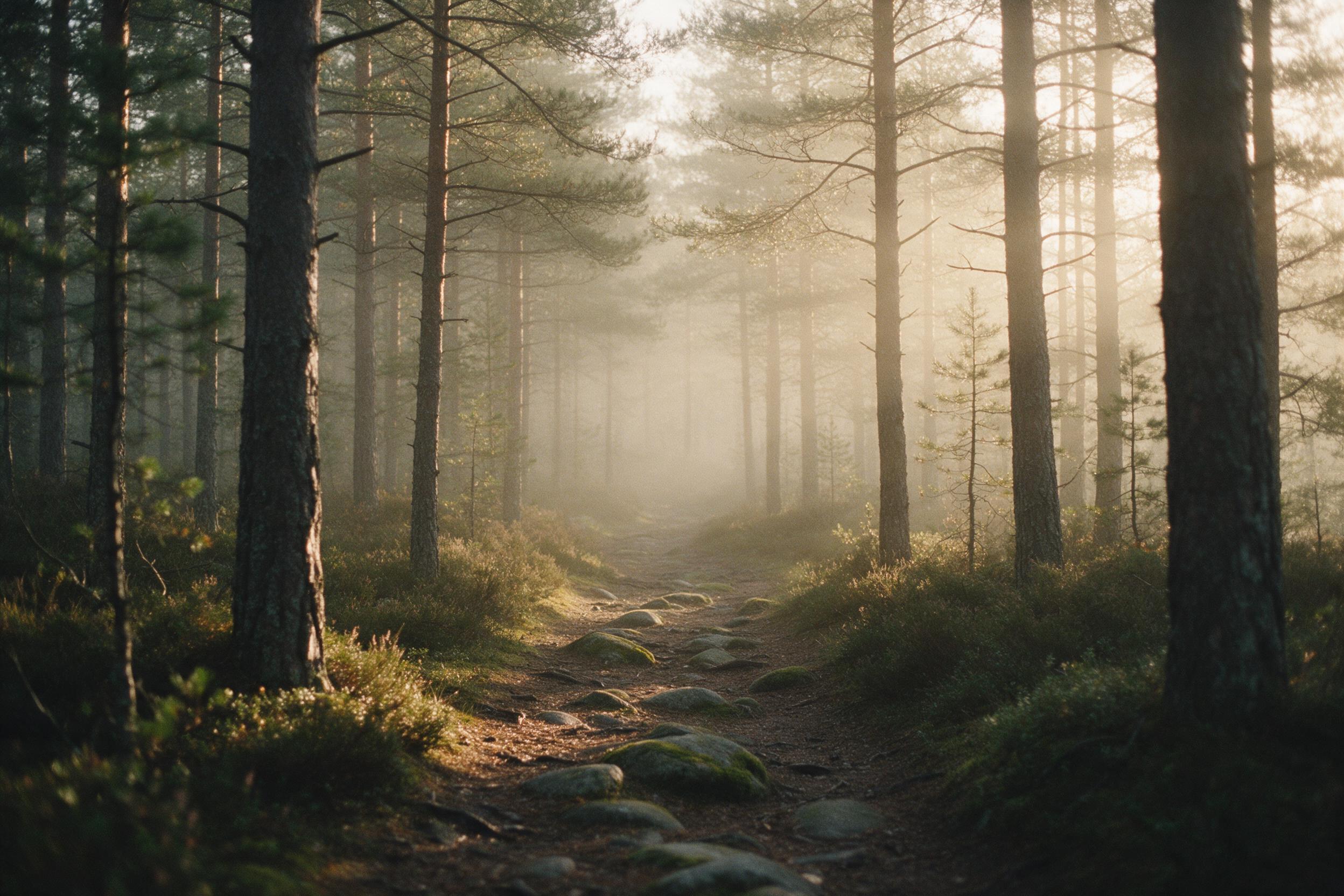 Sunlight filtering through misty pine forest, a narrow dirt path with mossy stones, shallow depth of field, warm golden hour glow, soft haze, tranquil atmosphere, 35mm film grain, no people.