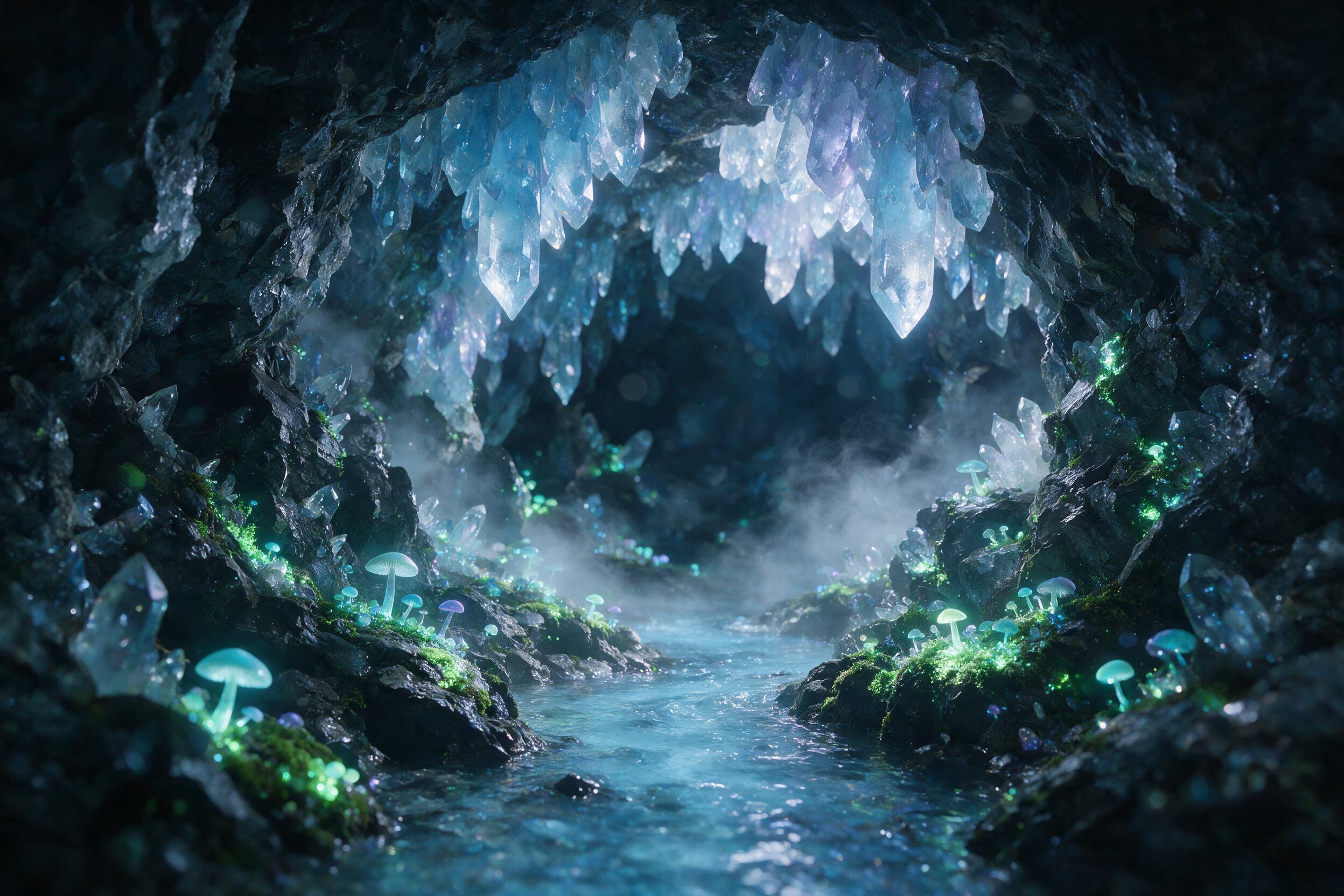 A luminous crystal cave deep underground, glowing bioluminescent moss and fungi clinging to jagged rock formations, a small stream of pale blue water winding through the center, soft ethereal light emanating from the crystals, misty atmosphere, slight lens flare, shallow depth of field focusing on t