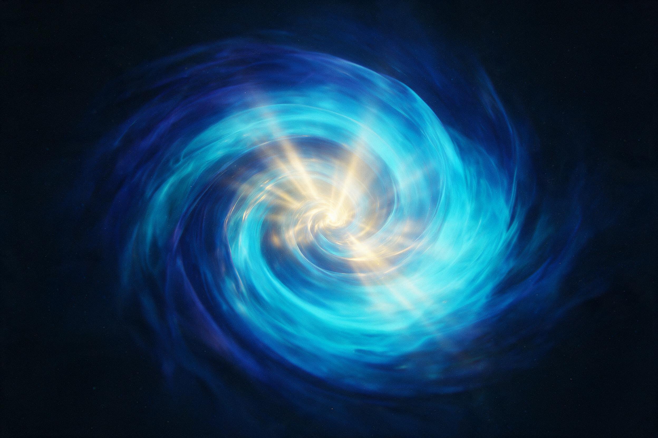 A swirling vortex of translucent colors, deep indigo bleeding into electric cyan, with soft golden light rays piercing through, suspended in a dark void, slight camera motion blur, grainy texture, minimalist composition.