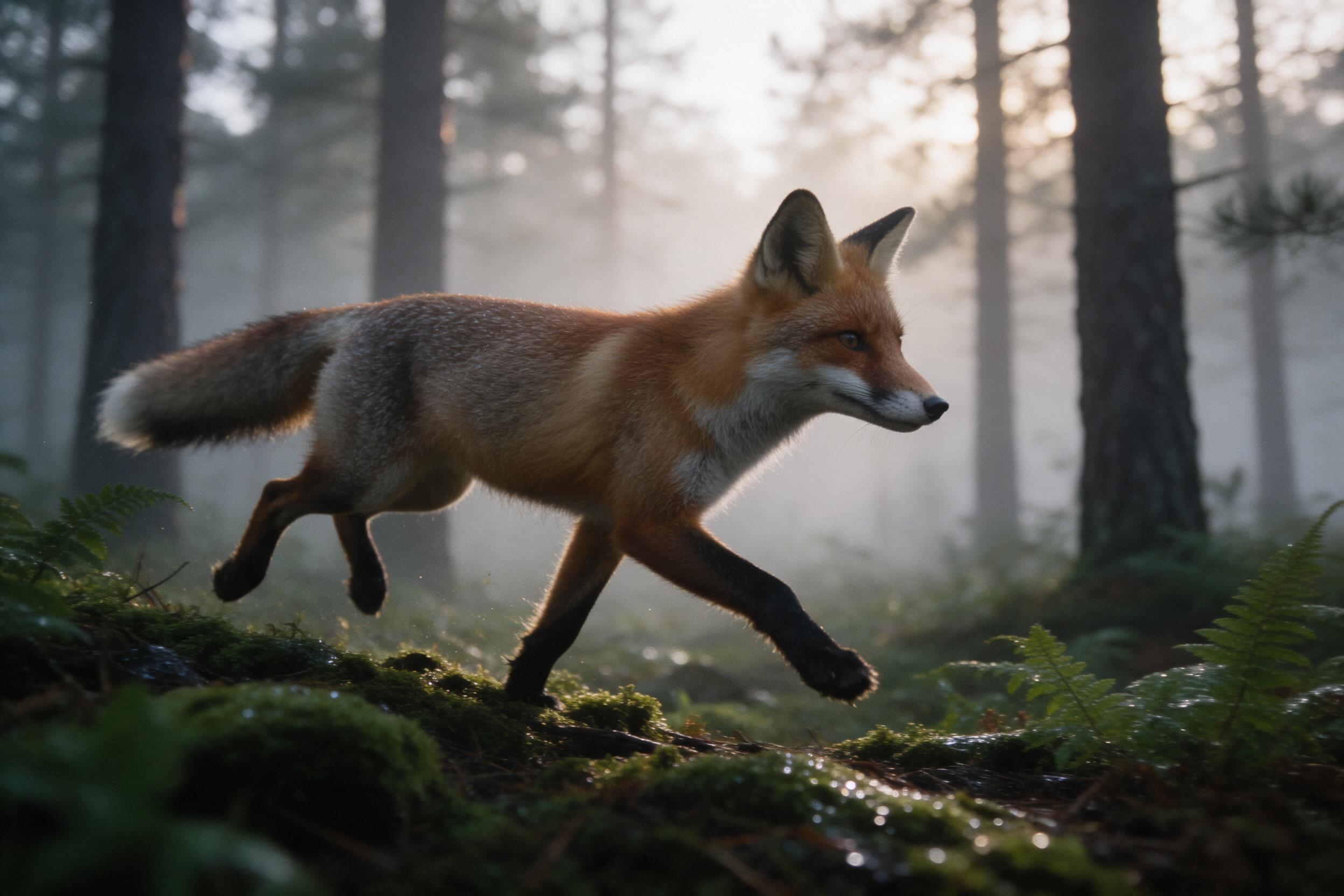 A red fox trotting through a misty pine forest at dawn, soft golden light filtering through fog, wet moss and ferns in foreground, shallow depth of field, natural color palette, slight grain film texture.