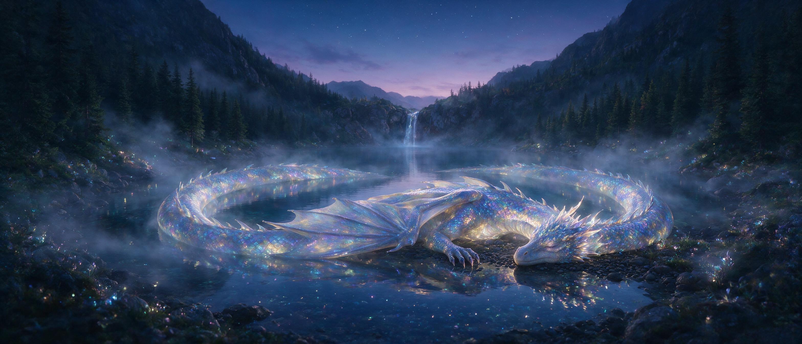 A glowing, translucent dragon with iridescent scales sleeps coiled around a crystal-clear mountain lake at twilight, bioluminescent flora dotting the shoreline, soft mist rising, stars reflected in the water, ethereal light filtering through fog, cinematic composition, muted blue and purple tones.