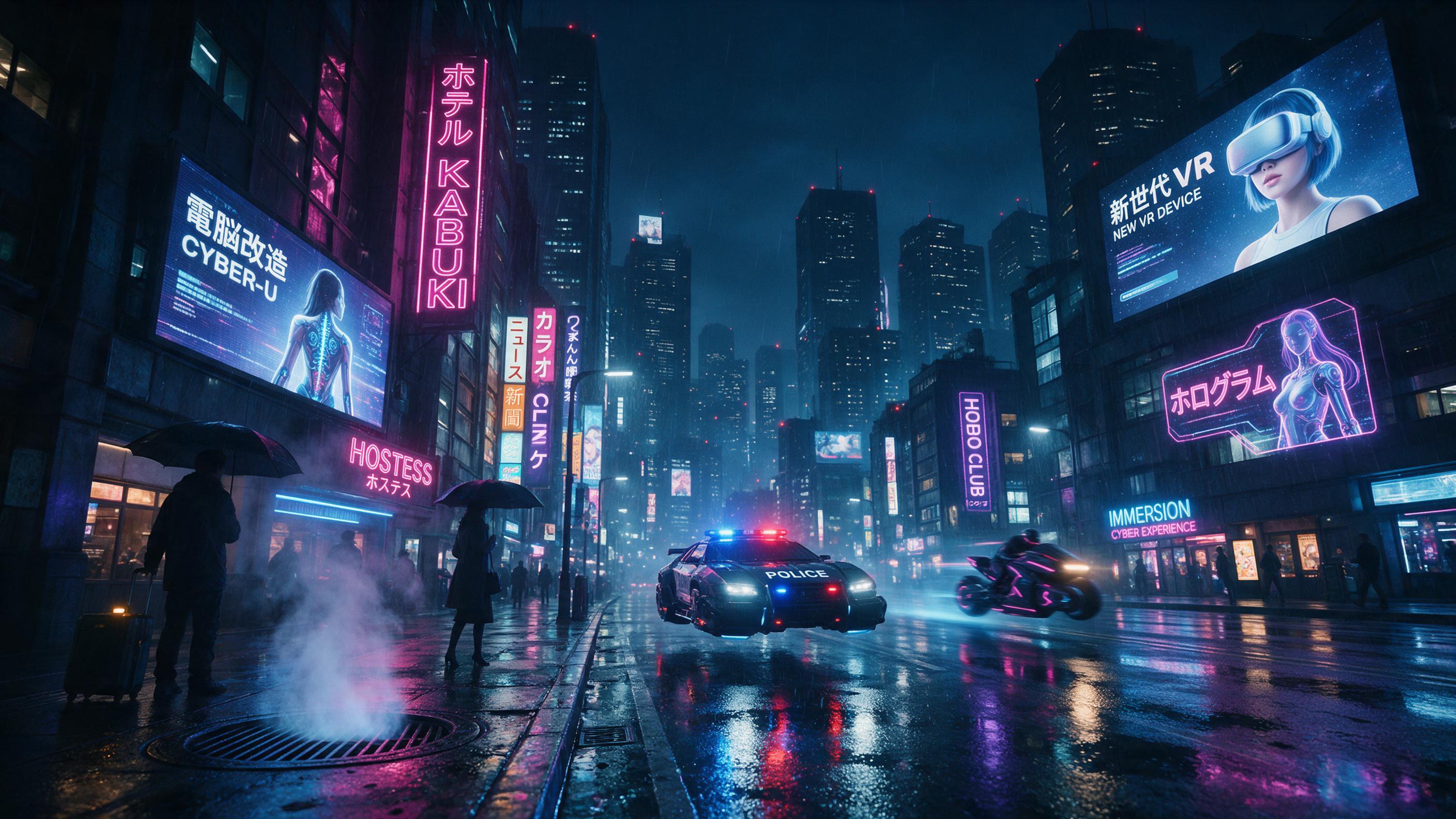 A sprawling neon-lit cyberpunk street at midnight, rain-slicked asphalt reflecting holographic ads, steam rising from vents, silhouetted figures with umbrellas, cinematic depth of field, cool blue and magenta tones, slight motion blur on passing hoverbikes.