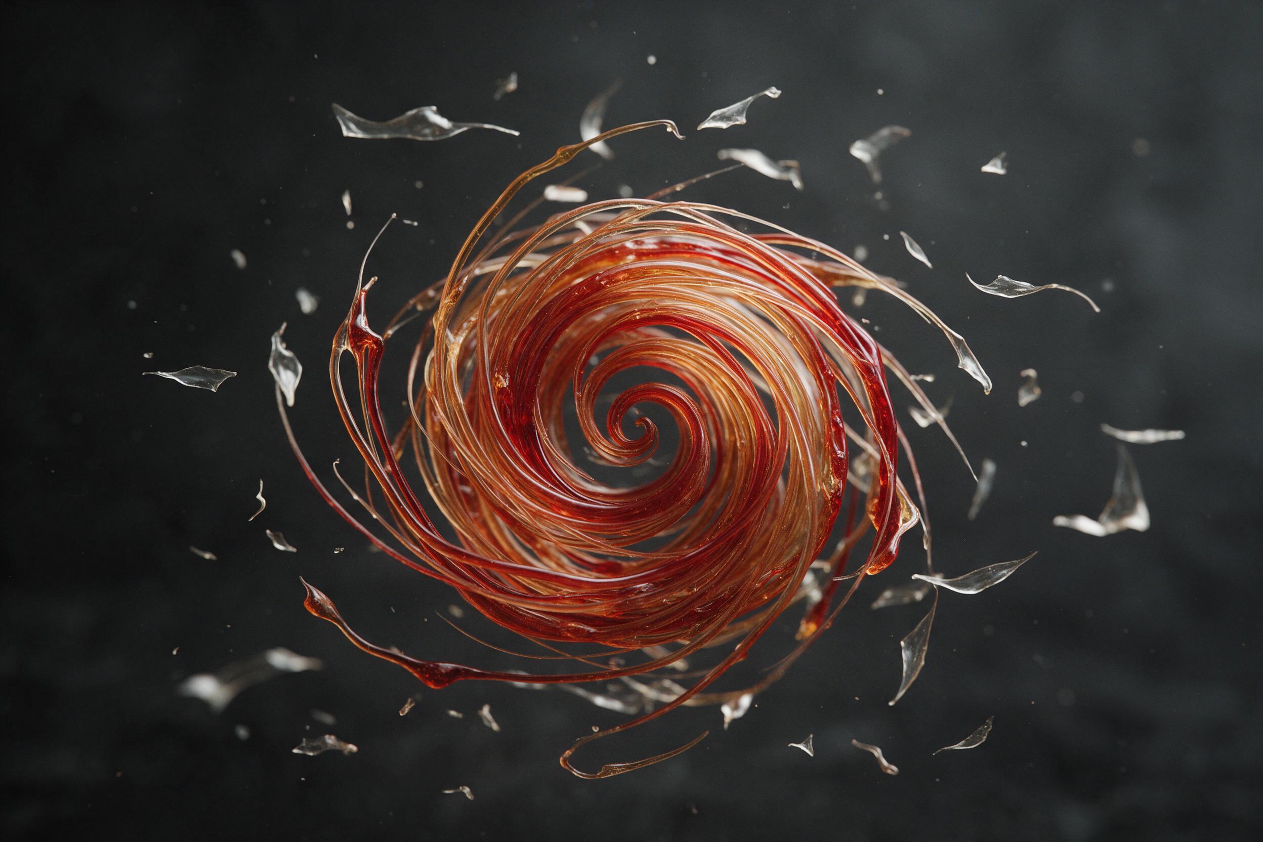Close-up of molten glass threads in amber and crimson, swirling into a spiral, floating translucent shards catching soft side light, dark charcoal background, shallow depth of field, subtle grain, minimalist composition with negative space