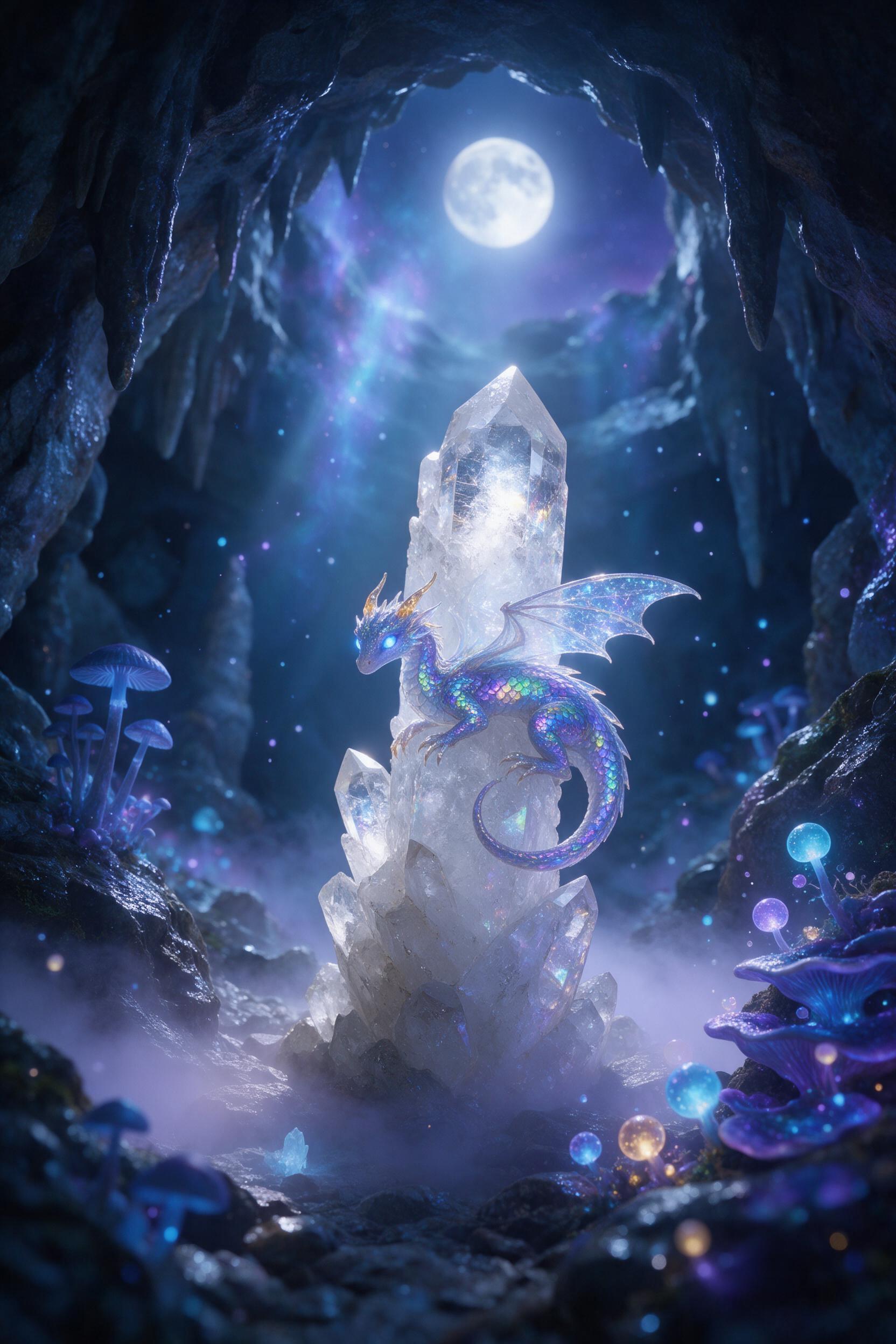 A moonlit crystal cavern glows with bioluminescent fungi and floating spores, a small dragon with iridescent scales curling around a quartz pillar, soft fog drifting, magical blue and purple light from above, damp rock textures, dreamy atmosphere, shallow depth of field
