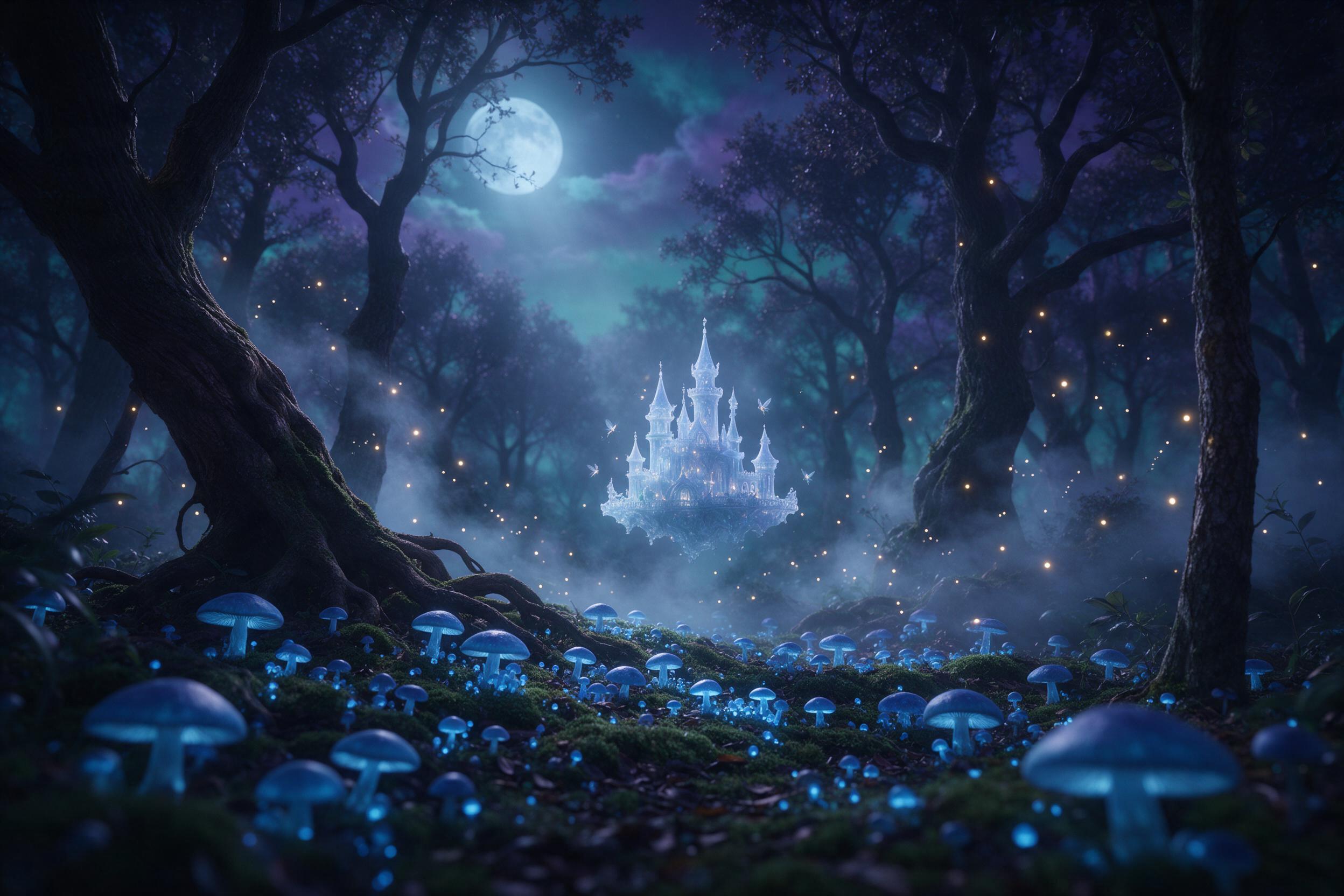 A moonlit ancient forest where glowing blue mushrooms carpet the mossy ground, a translucent fairy castle floats among gnarled oaks, soft silver mist swirls between trunks, fireflies trace spirals in the air, cool teal and purple palette, cinematic depth of field, gentle volumetric light filtering t