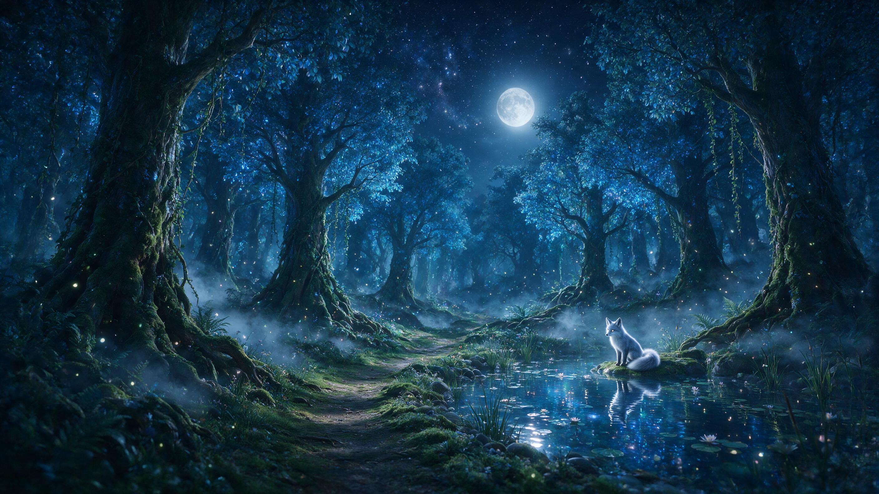 A moonlit enchanted forest with towering bioluminescent trees, their glowing blue leaves casting soft shadows on a winding mossy path. A small fox with silver fur and luminous eyes sits beside a crystal-clear pond, reflecting the starry sky. Mist weaves between ancient roots, and fireflies drift in 