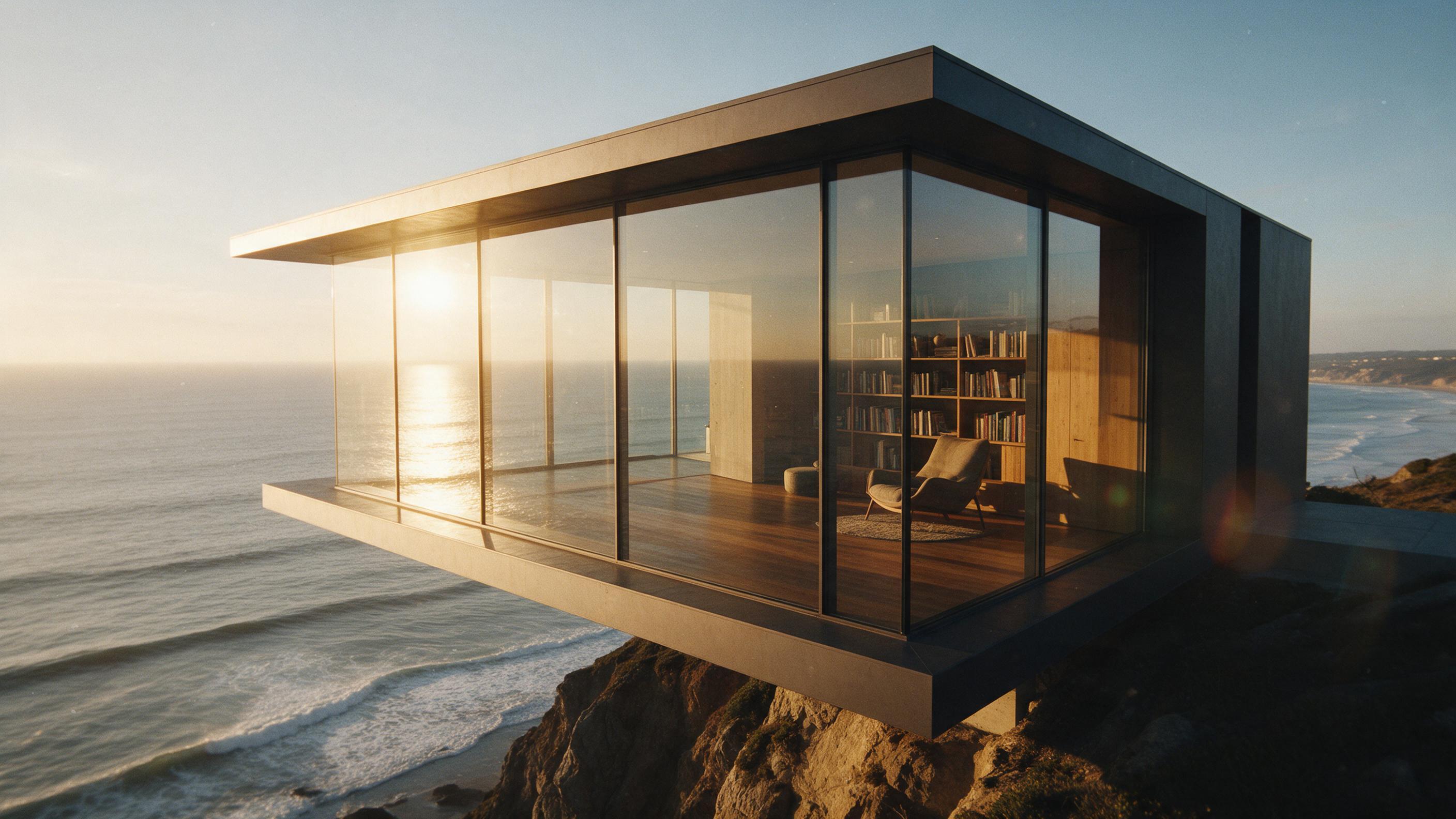 A modern minimalist house on a cliff overlooking the sea at golden hour, floor-to-ceiling glass walls reflecting warm sunlight, interior with wooden floors and a cozy reading nook, sharp geometric lines, subtle camera grain, soft lens flare from the setting sun, calm ocean waves below, distant conde