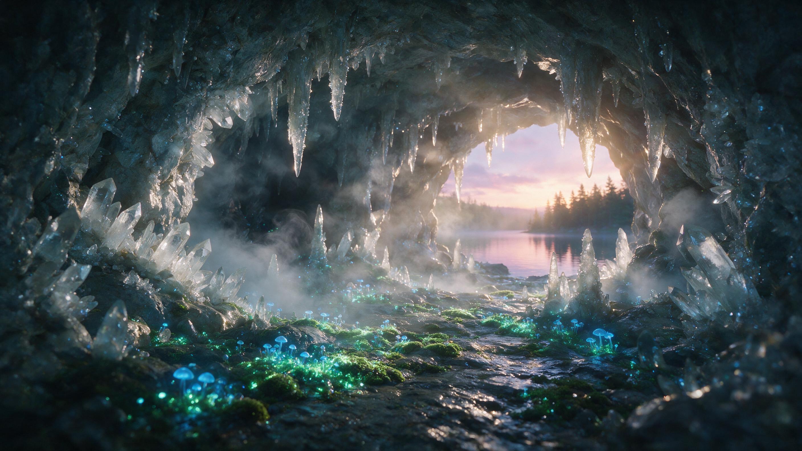 A luminous crystal cave at twilight, bioluminescent moss and glowing blue mushrooms scattered on the damp stone floor, soft mist weaving through jagged stalactites, warm golden light from a distant opening, ethereal atmosphere, cinematic composition with deep shadows and subtle lens flare, slightly 