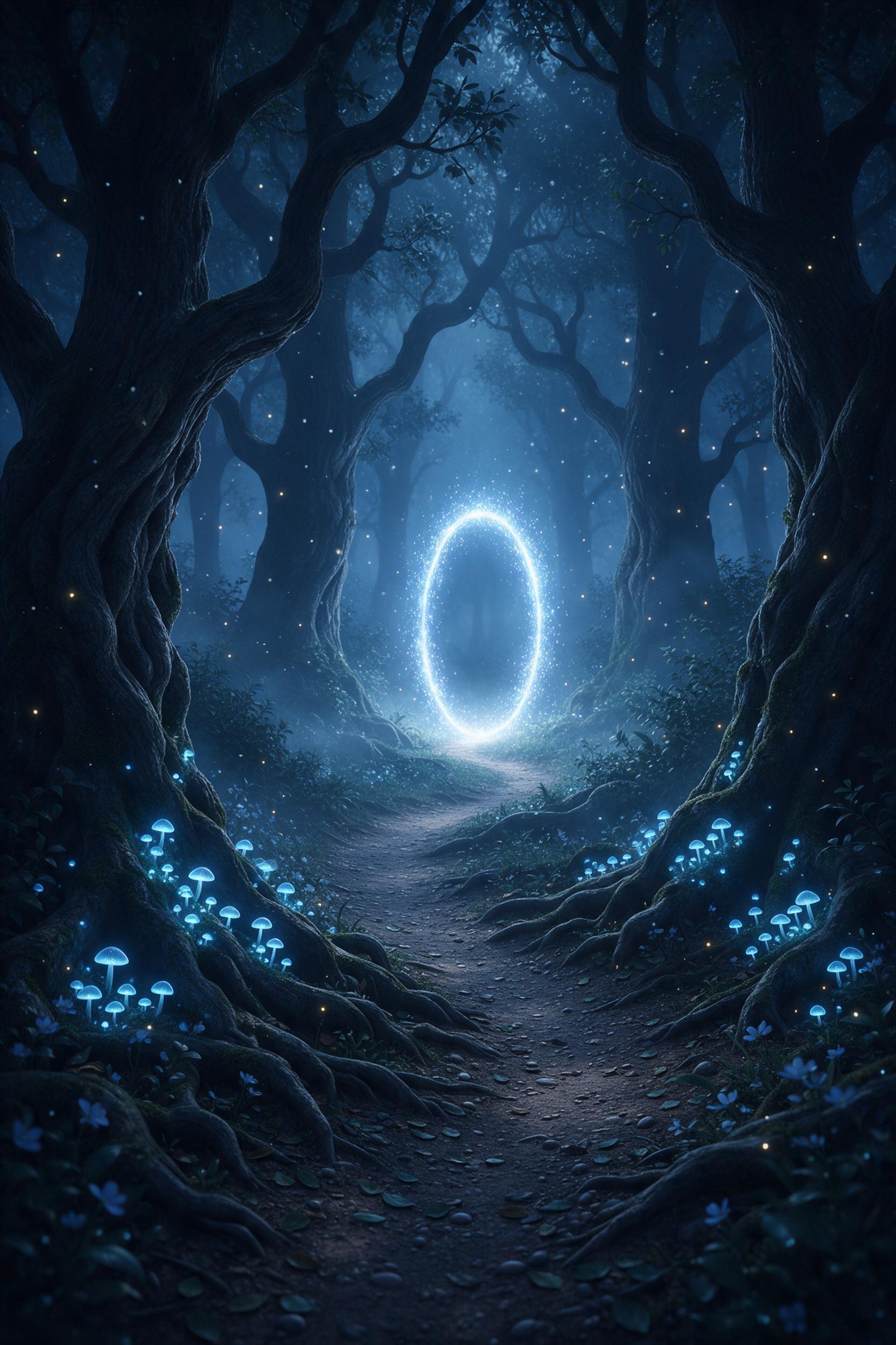 A moonlit enchanted forest, ancient twisted oaks with glowing blue fungi at their roots, mist weaving between trunks, a narrow dirt path leading to a distant shimmering portal, fireflies and floating pollen in the air, soft cool moonlight casting silver shadows, slight haze and lens flare for ethere