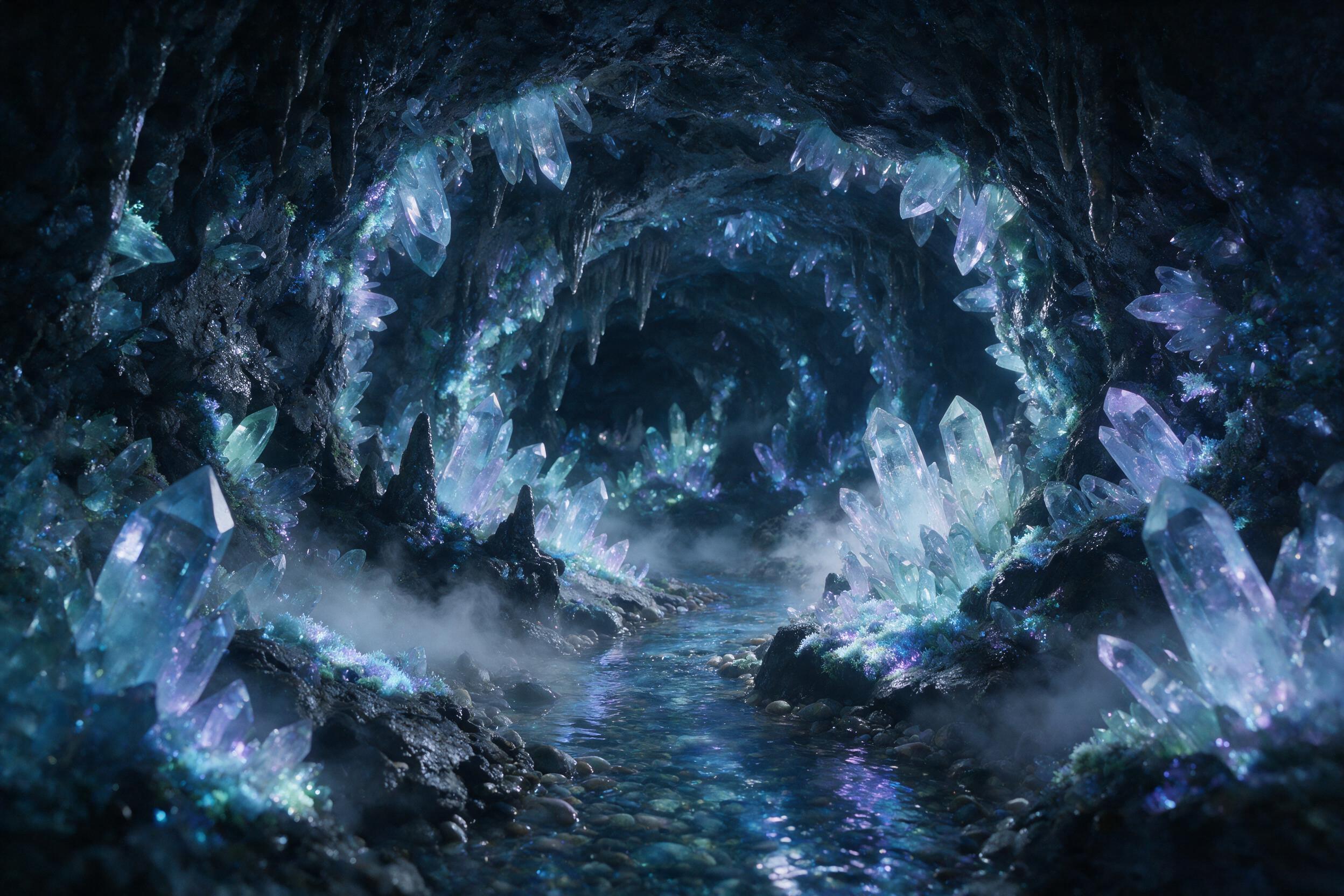 A luminous crystal cave deep underground, glowing bioluminescent moss on wet stone walls, a small stream of clear water reflecting soft blue and purple light, mist rising, slight camera shake, natural lighting from the crystals, 35mm lens, serene atmosphere