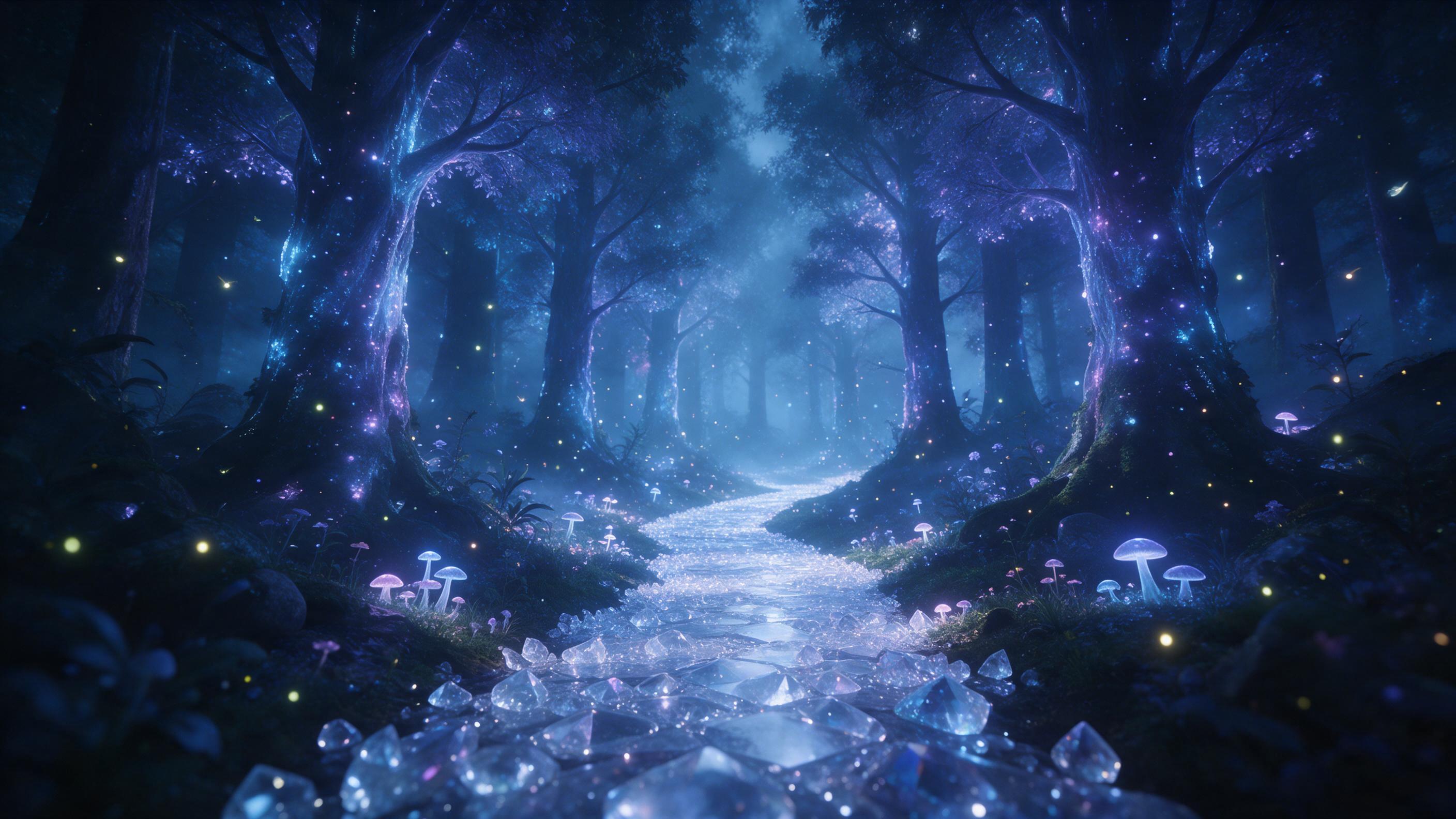 Enchanted forest with towering bioluminescent trees casting soft blue and violet light on a winding crystal path. Glowing mushrooms and floating fireflies, misty air, ethereal atmosphere. Wide-angle composition, deep shadows, raking light, cinematic feel.