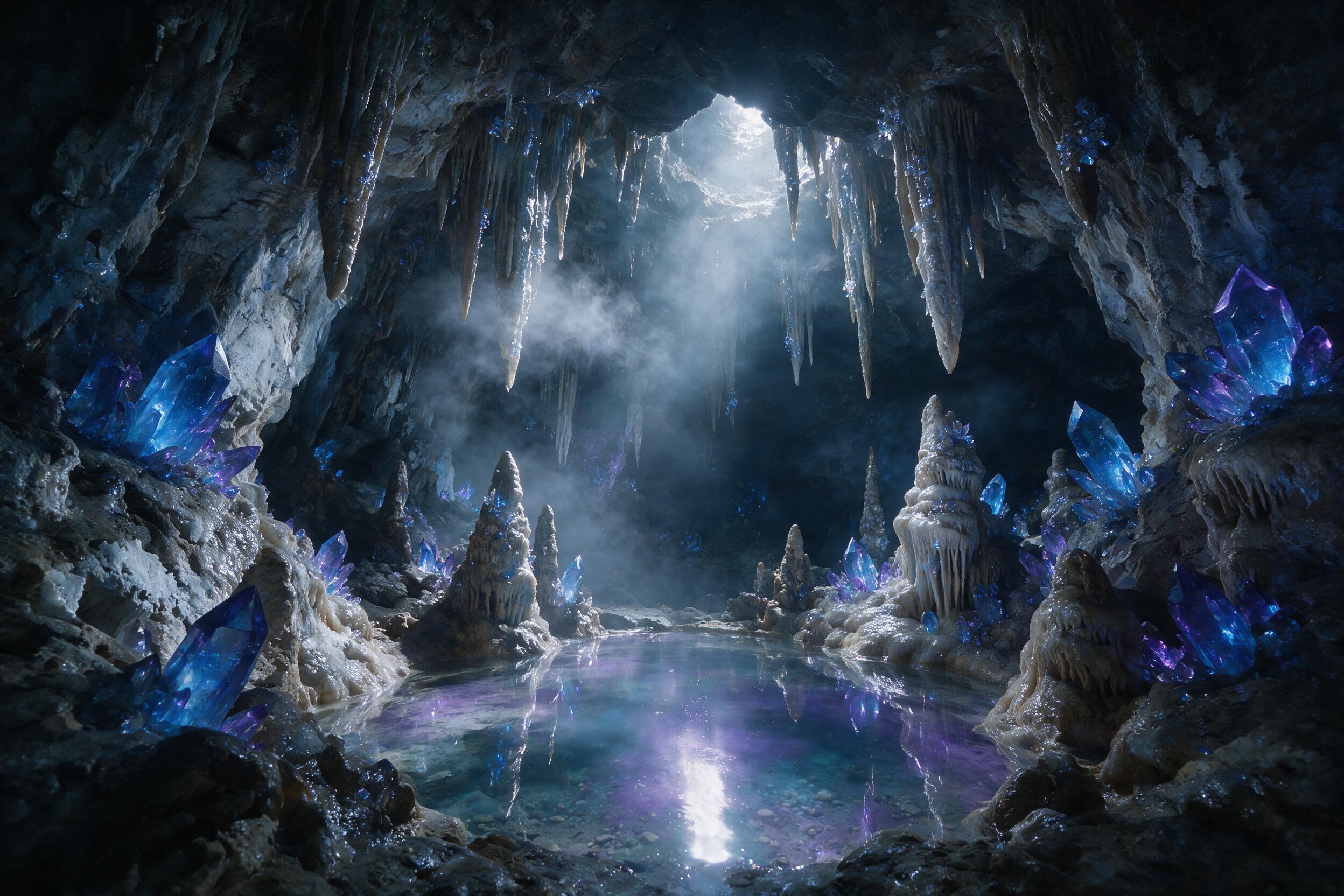 A moonlit crystal cavern, bioluminescent blue and violet crystals jutting from wet stone, a small glowing pond reflecting the light, delicate mist curling around stalactites, soft volumetric rays from a hidden opening above, intricate mineral textures, tranquil and mysterious atmosphere, no people, 