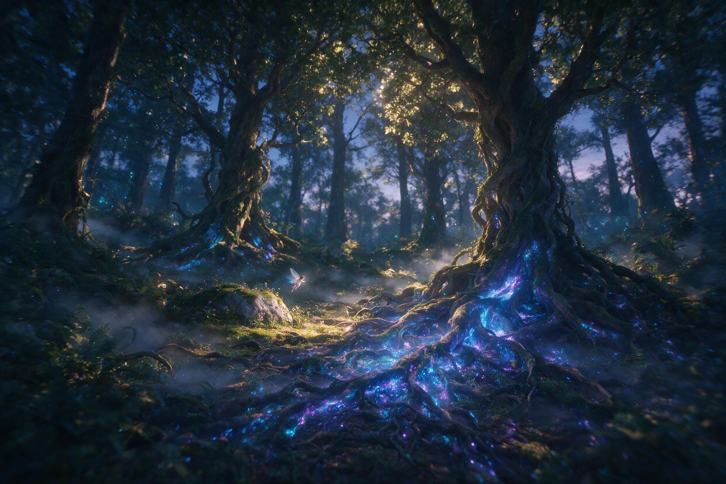 Ethereal glowing forest at twilight, ancient trees with bioluminescent blue and purple roots, a small fairy with translucent wings hovering near a mossy stone, soft mist rising from the ground, warm golden light filtering through leaves, shallow depth of field, slight camera shake, natural lighting