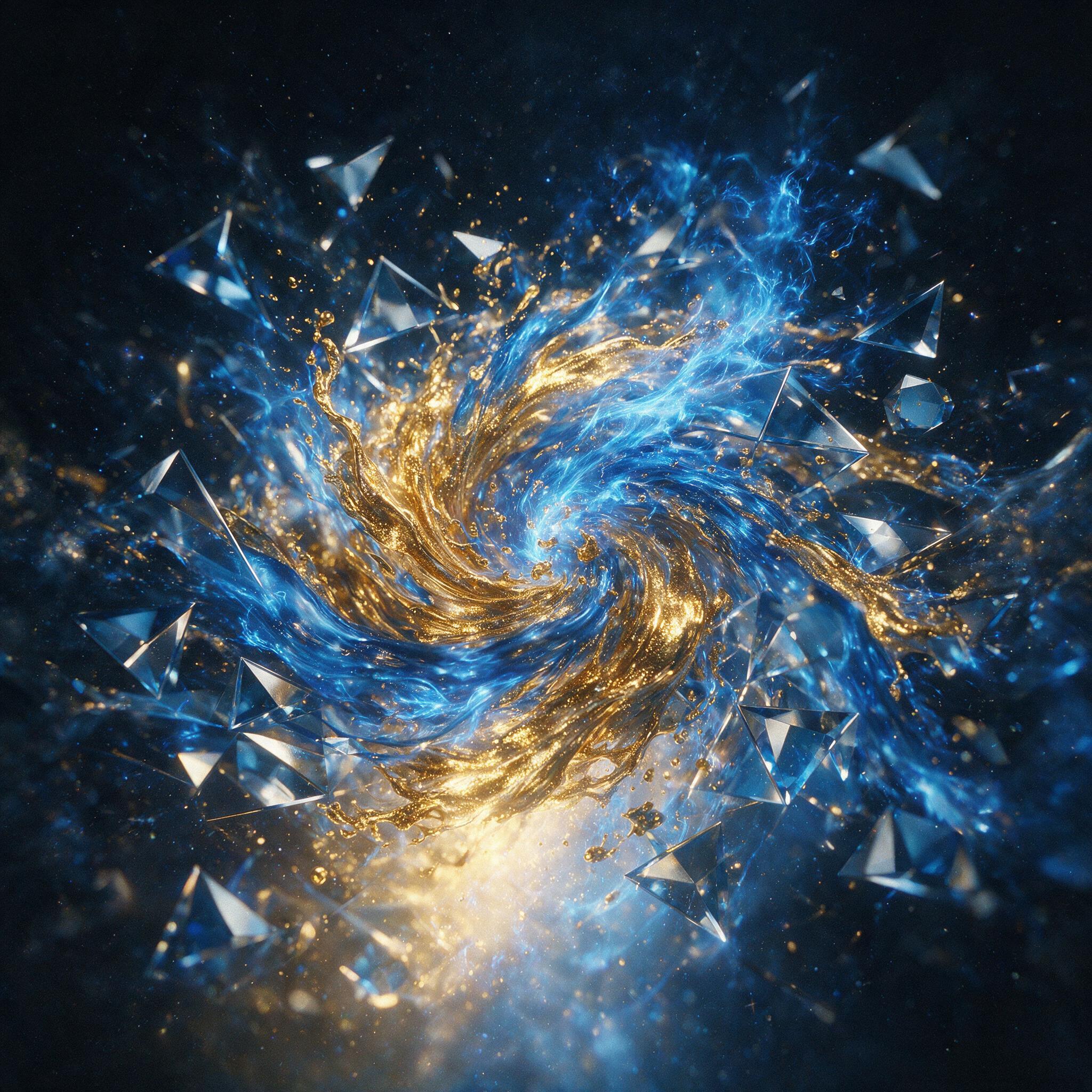 A swirling vortex of molten gold and electric blue, fluid shapes collide in a dark void, sharp geometric lines cut through the chaos, soft ambient glow from below, slight grain texture, shallow depth of field emphasizing the central clash