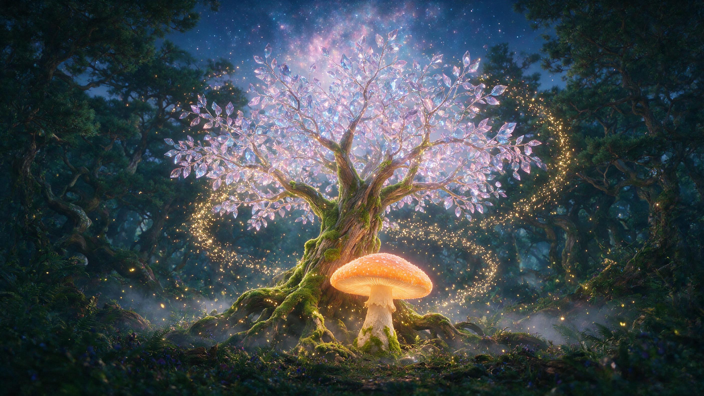 In an enchanted forest, a glowing crystal tree with translucent leaves and a single, massive, bioluminescent mushroom at its base. Soft, ethereal mist weaves between gnarled roots. Magical fireflies create a swirling vortex of light around the tree. Deep twilight sky, with a faint, starry nebula vis