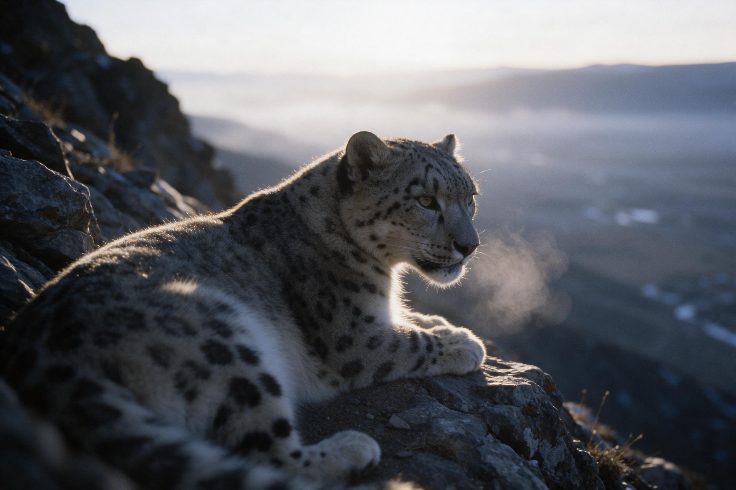 A snow leopard rests on a rocky cliff at dawn, breath visible in cold air, soft golden backlight edges its fur, distant misty valley below, telephoto compression, subtle grain