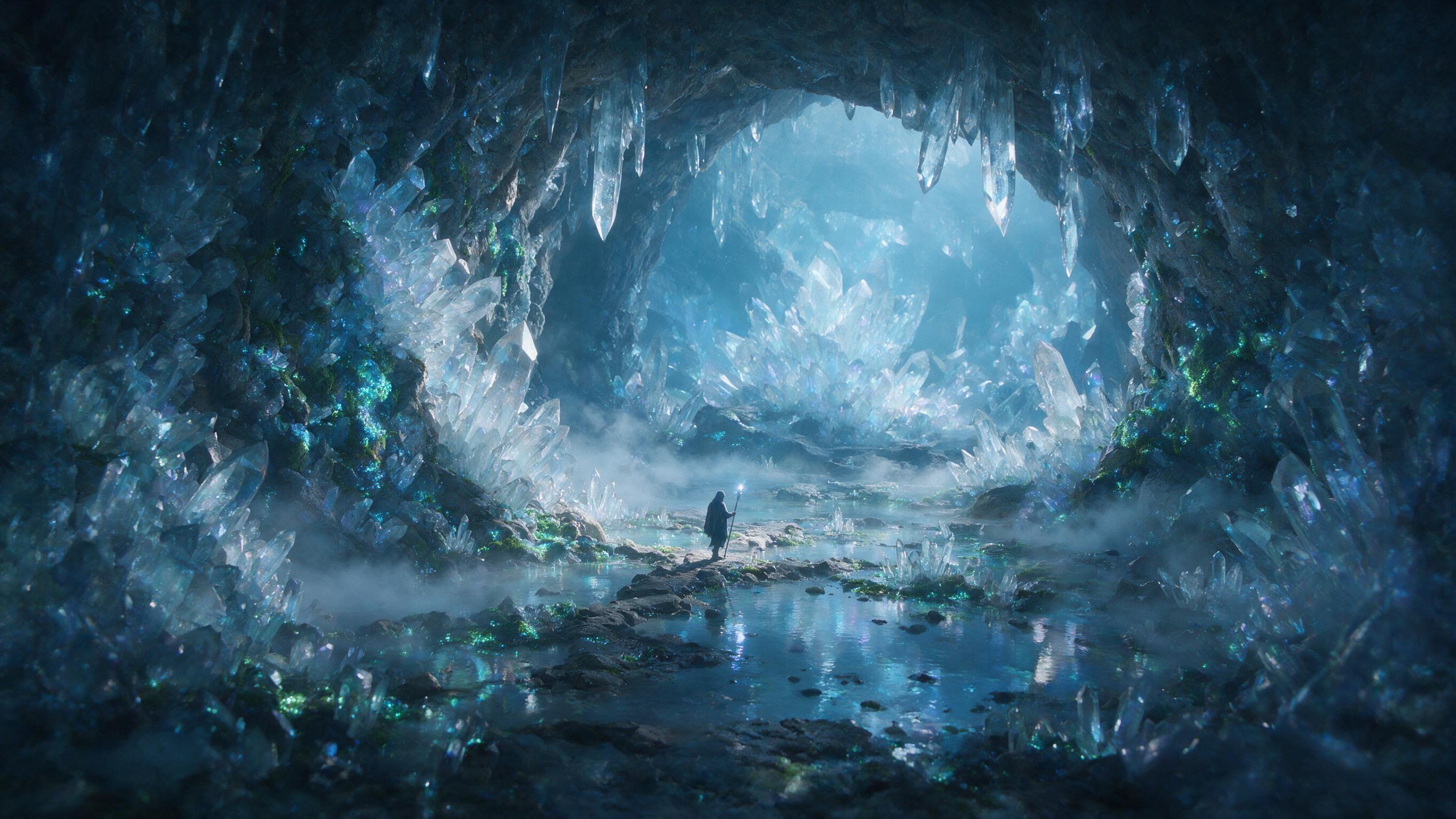 A luminous crystal cave deep underground, bioluminescent moss clinging to jagged quartz walls, a single hooded figure holding a glowing staff, soft blue light reflected in shallow pools, mist swirling low, cinematic composition, ethereal atmosphere