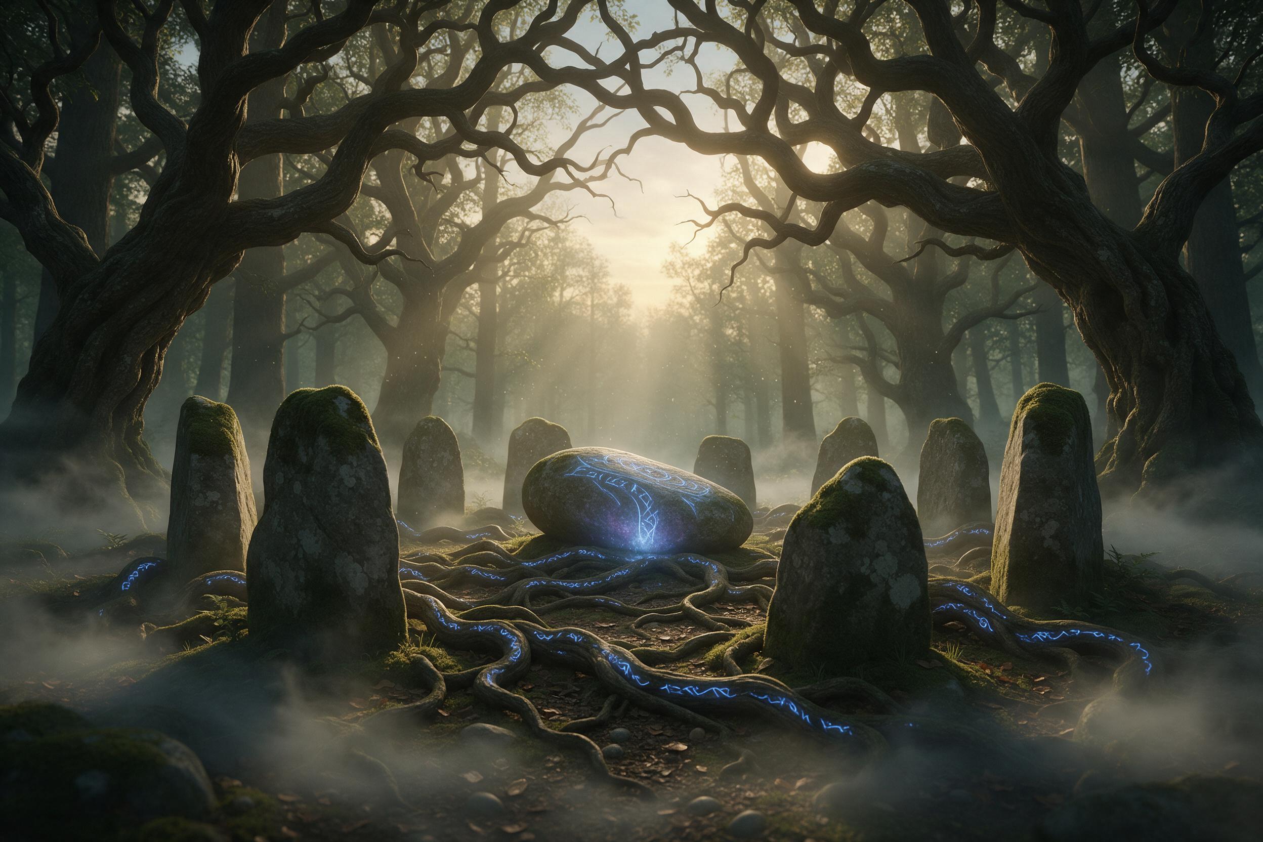 Misty ancient forest at dawn, shafts of golden light break through twisted branches above a moss-covered stone circle. Bare tree roots intertwine with glowing blue runes, faint ethereal mist swirls. Low angle composition, soft volumetric lighting, subtle mist particles, muted greens and golds, seren
