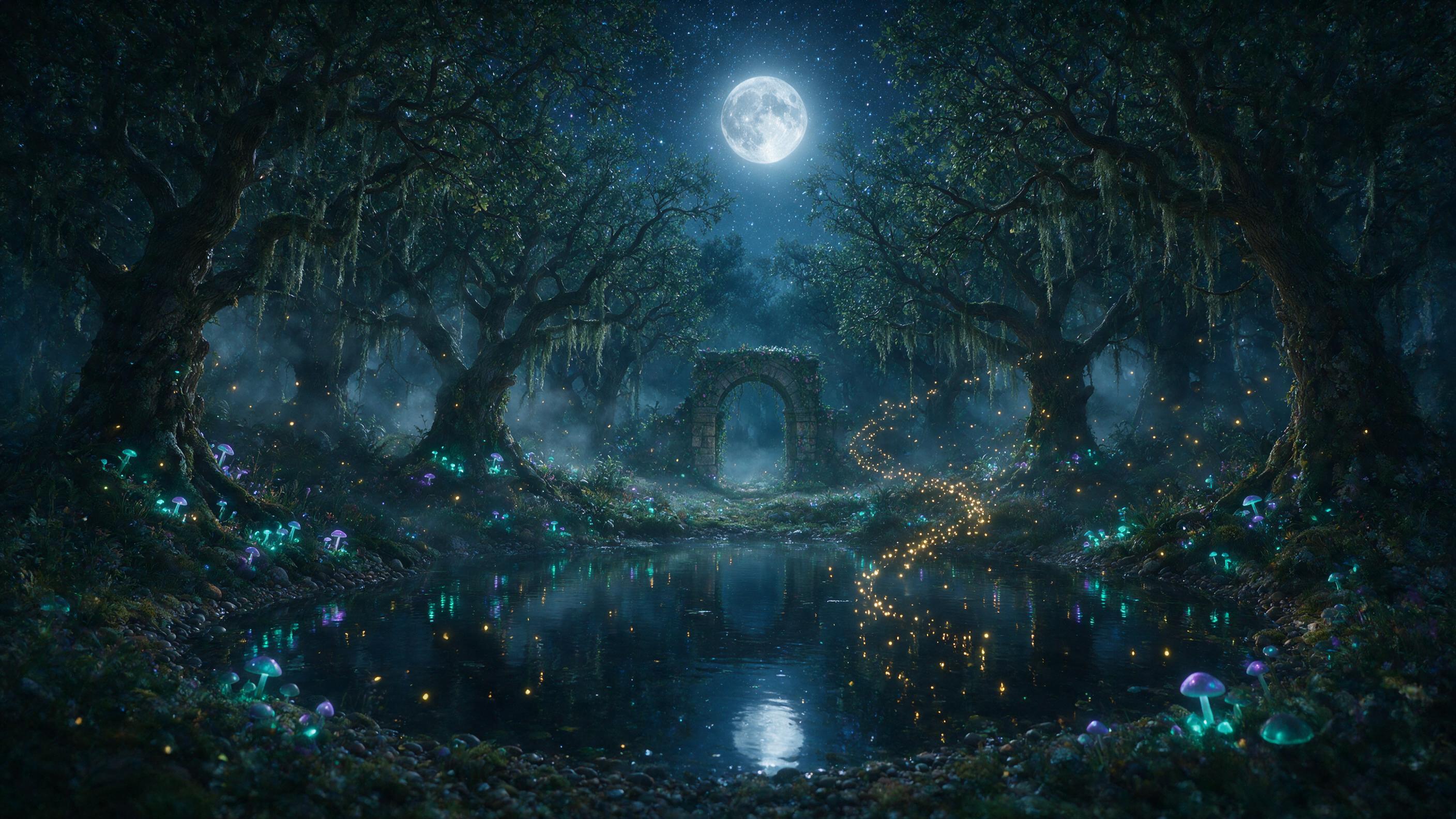 A moonlit enchanted forest clearing, where bioluminescent mushrooms glow in soft teal and violet, casting gentle reflections on a still pond. A silver mist drifts between ancient mossy oaks, their branches intertwined overhead. Fireflies form a spiral path leading to a distant stone archway, half-hi