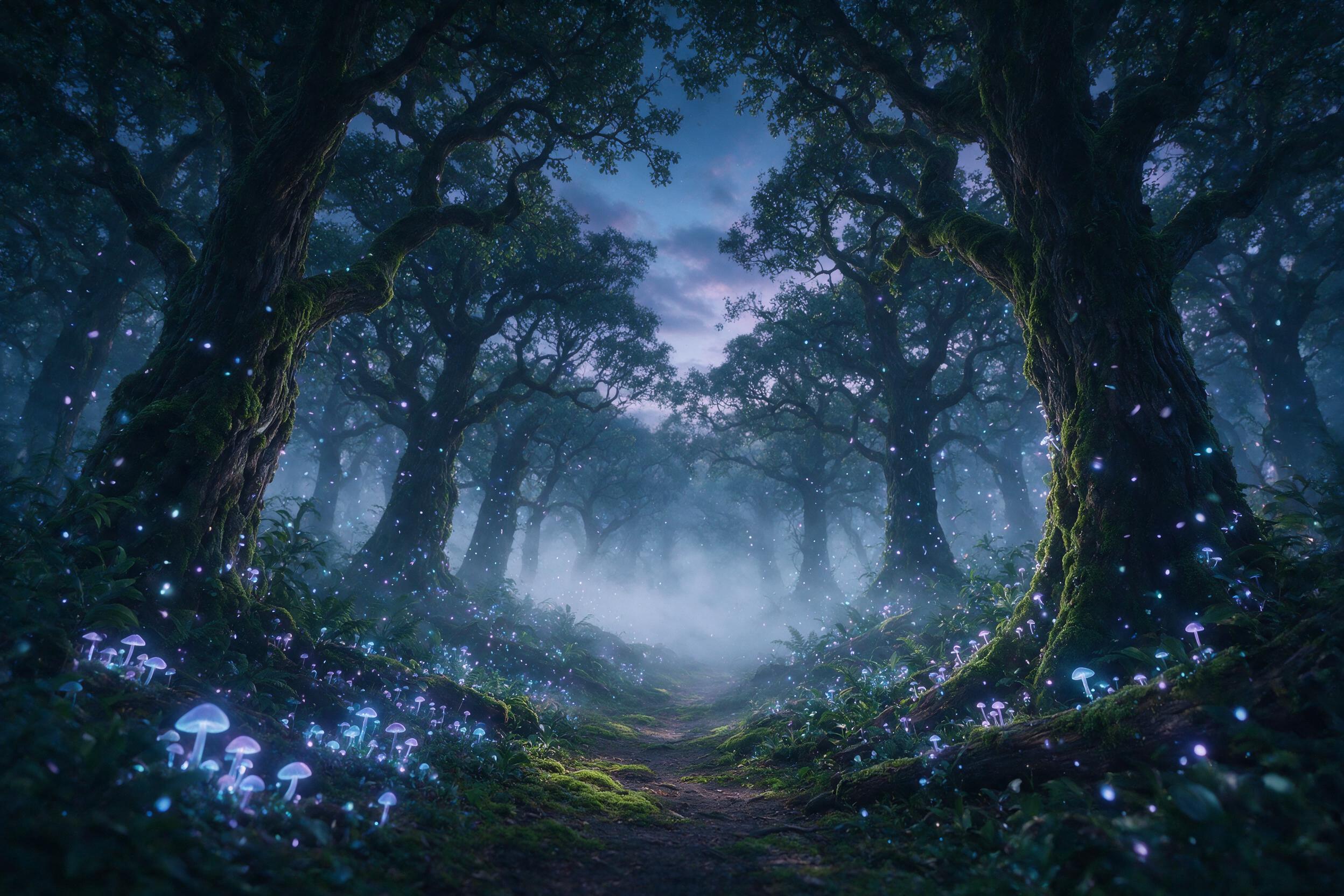 A glowing, ethereal forest at twilight, bioluminescent mushrooms and floating pollen, soft blue and purple light, a winding path disappears into the mist, gentle fog, dreamlike atmosphere, slight camera shake, natural lighting from above
