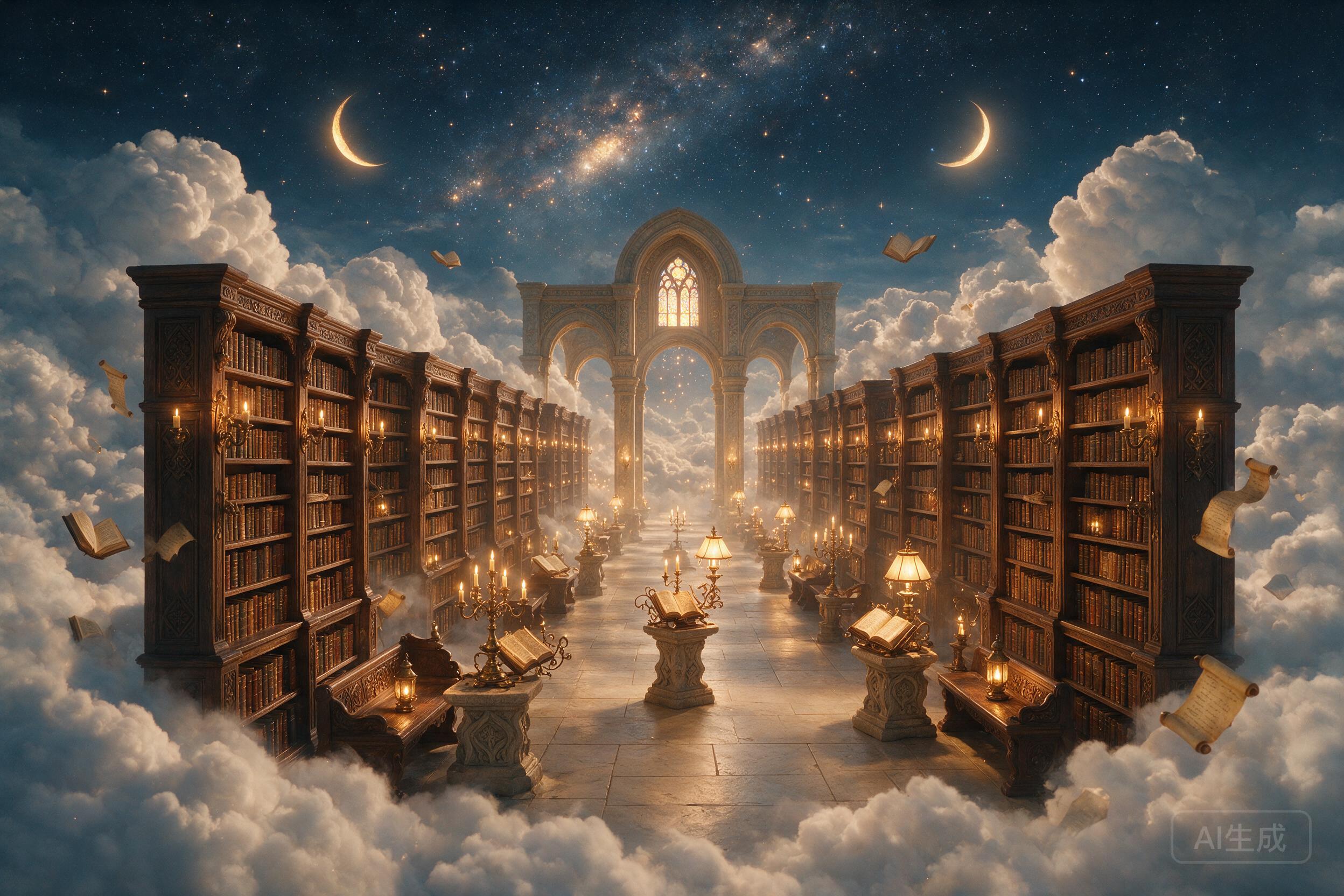 An ethereal library floating among clouds, ancient bookshelves reaching infinity, warm candlelight, mystical atmosphere